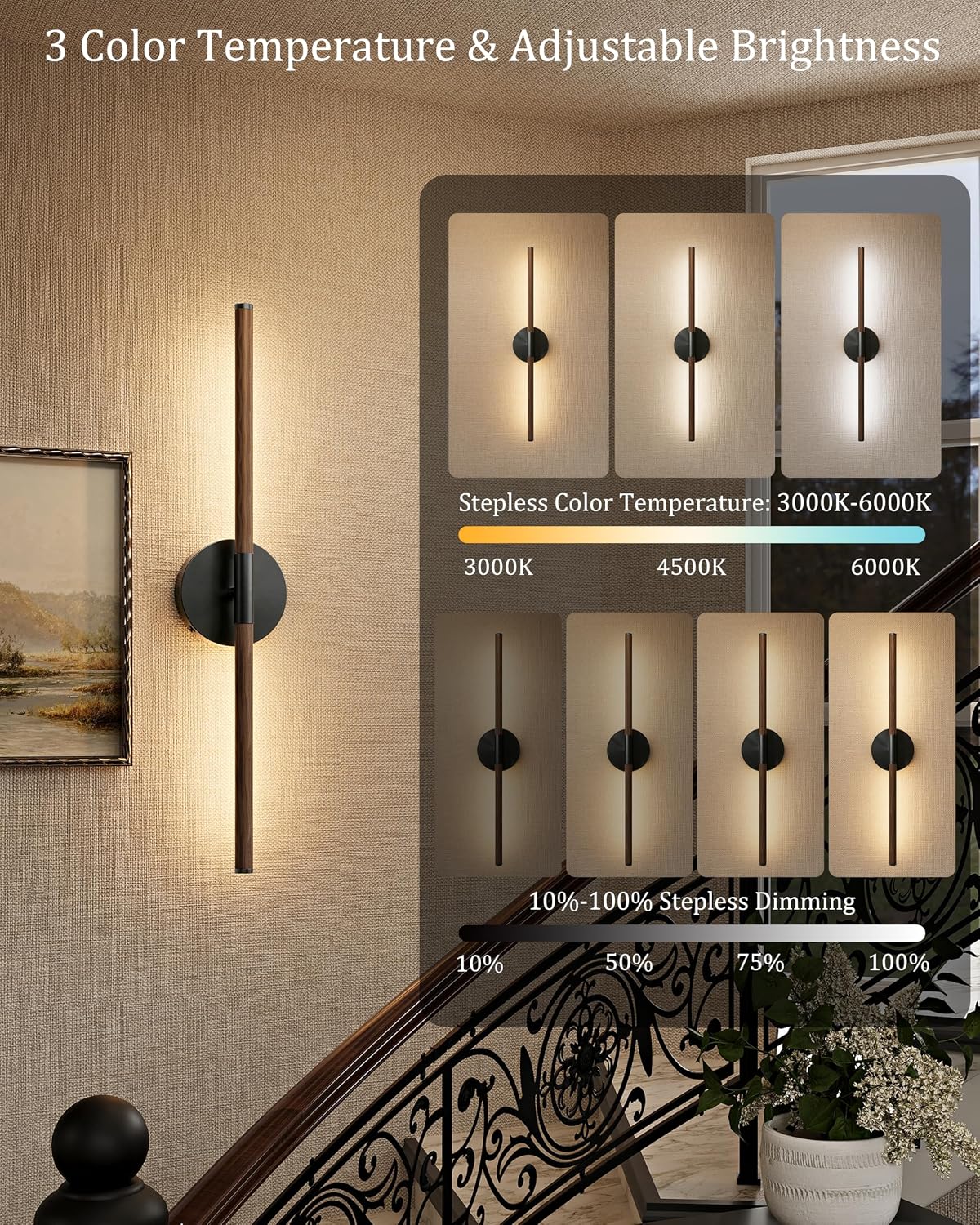 32" Battery Operated Wall Sconce Set of 2, 350° Rotating Lamp, Walnut Black | Wireless, 8000mAh Rechargeable Battery