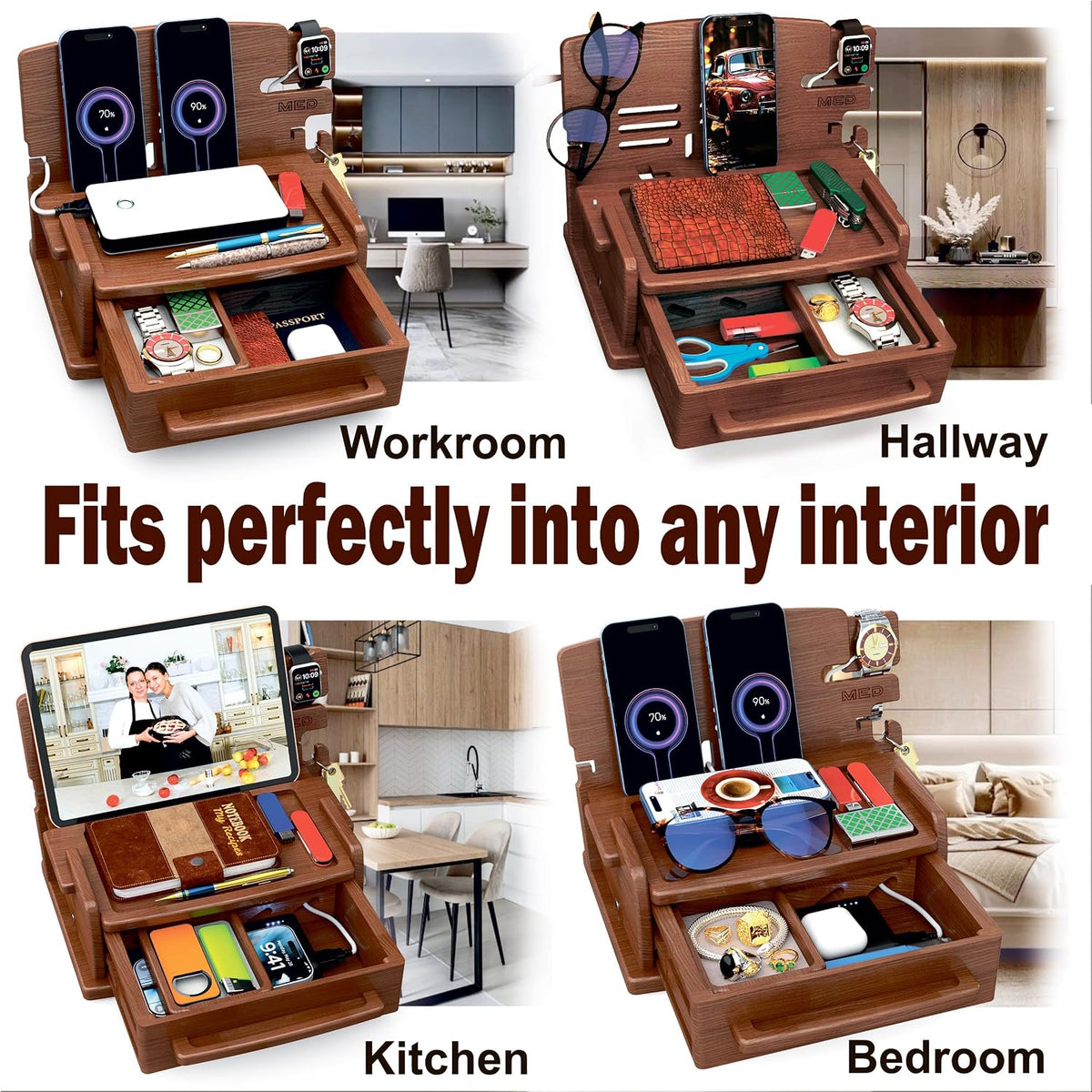 MED Wood Phone Docking Station for Men with Drawer — Nightstand & Desk Organizer for Husband & Dad — Key Holder, Wallet