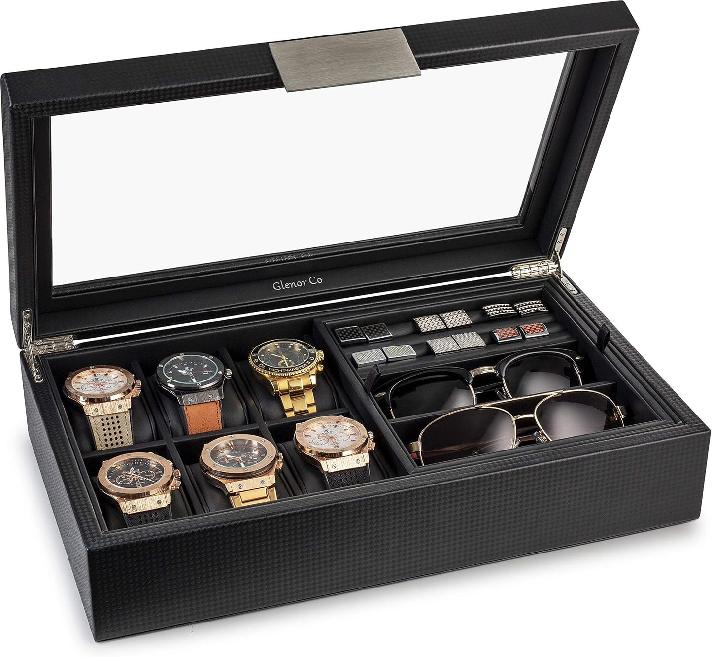 Glenor Co Valet Jewelry Box for Men - Holds 6 Watches, 12 cufflinks, 2 Sunglasses & Tray Storage - Mens Watch Case
