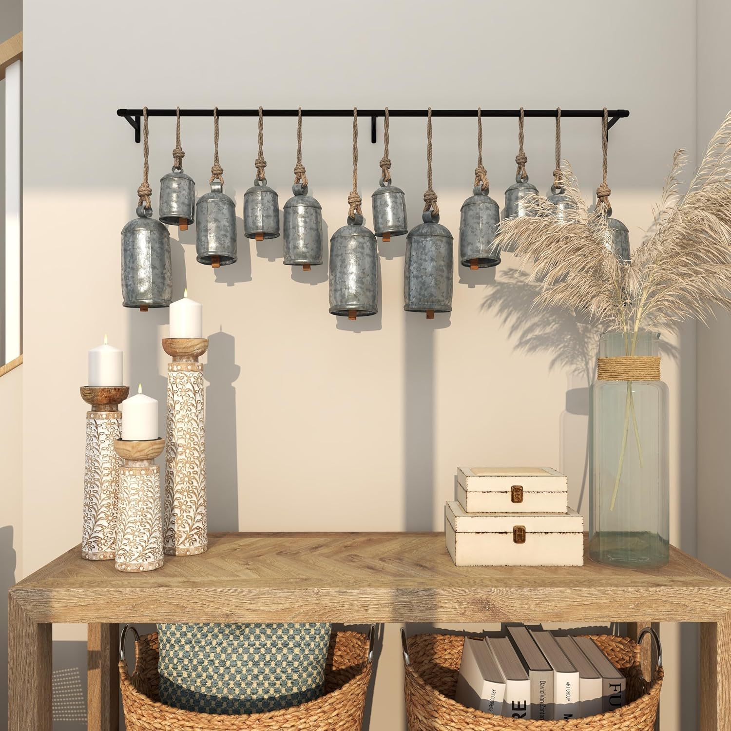 Deco 79 Metal Decorative Cow Bells Tibetan Inspired 12 Bell with Jute Hanging Rope and Black Metal Rod, 48" x 6" x 20"