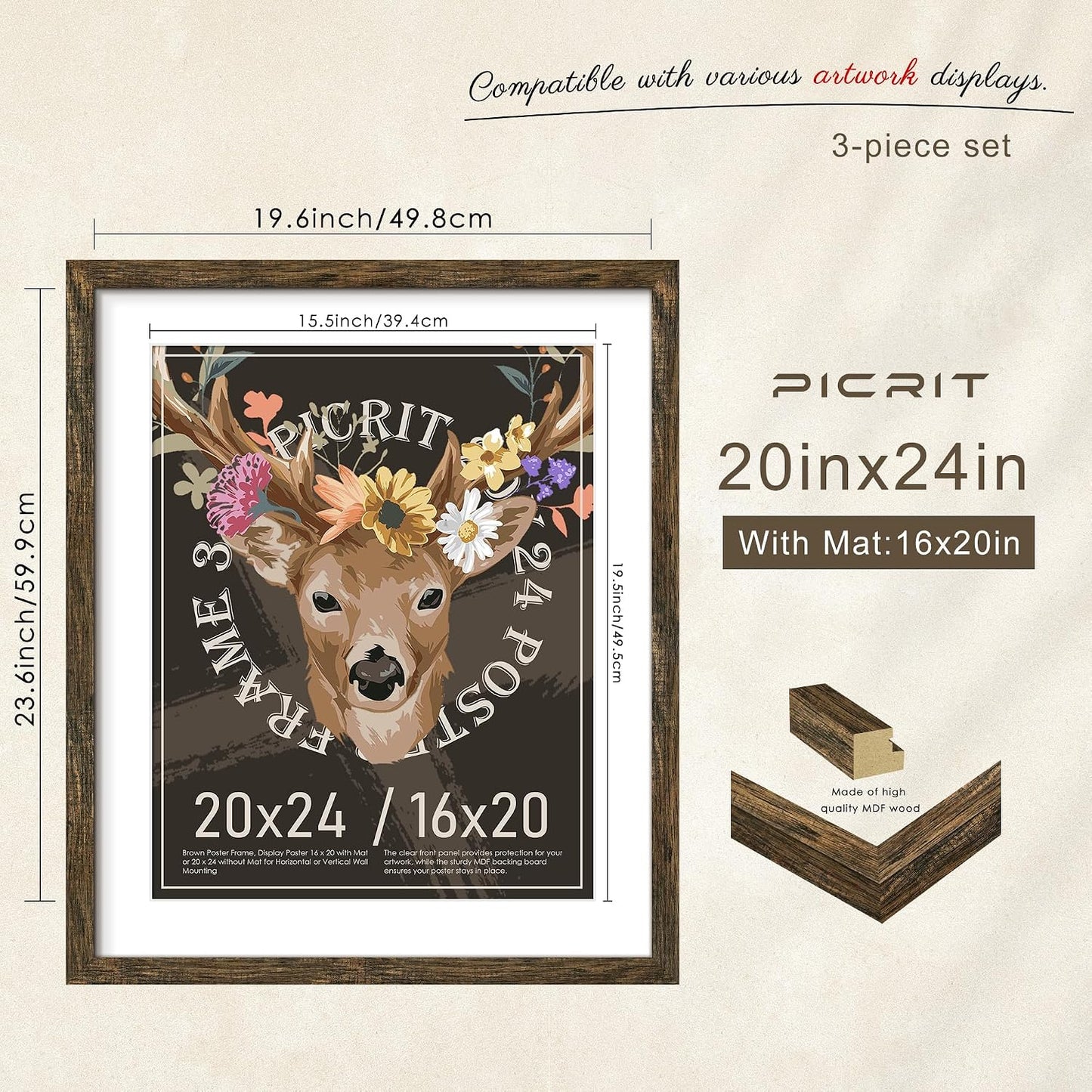20x24 Rustic Brown Picture Frame, Poster Frame for Wall, 3 Pack | Fits 16x20 Photos With Mat or 20x24 Without Mat
