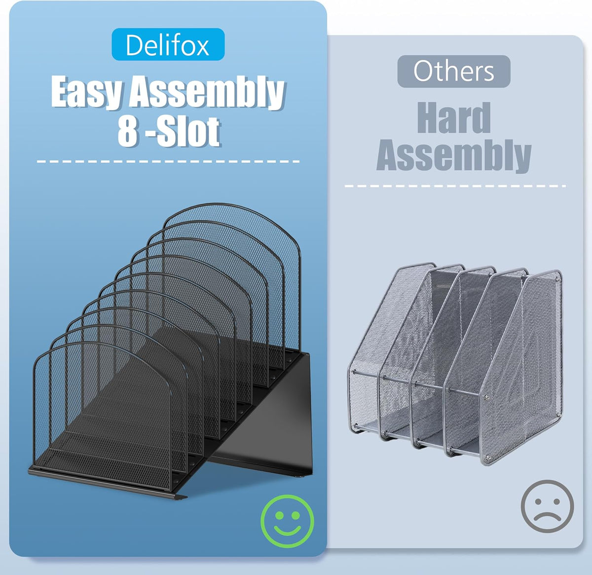 Delifox Inclined Desk File Organizer, 8-Section, Black | Upright Desk File Holder, Standing File Sorter, For Office