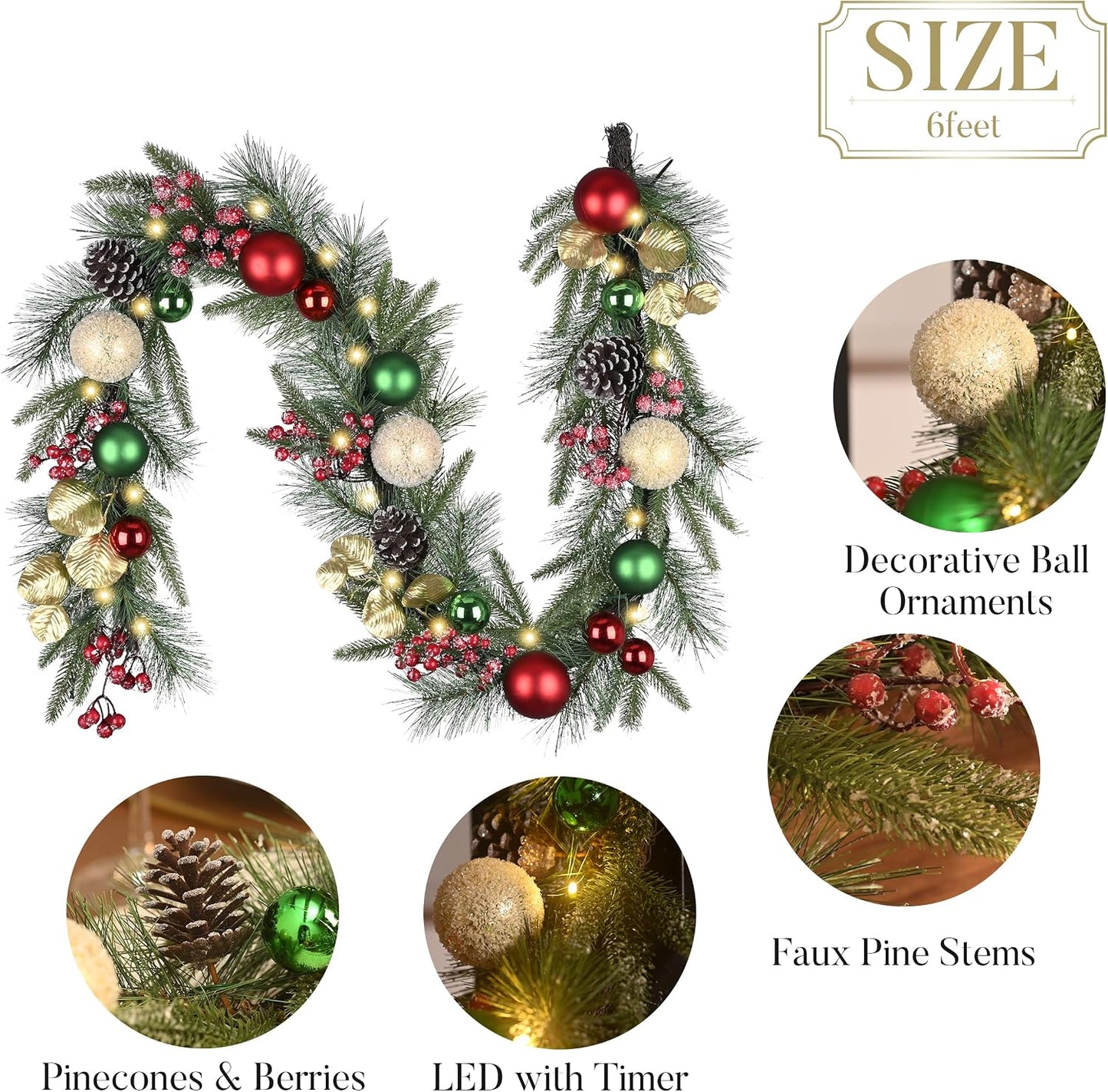 Valery Madelyn 6 Ft Pre-Lit Christmas Garland with Light for Mantle, Lighted Outdoor Xmas Garland with Red Green Gold