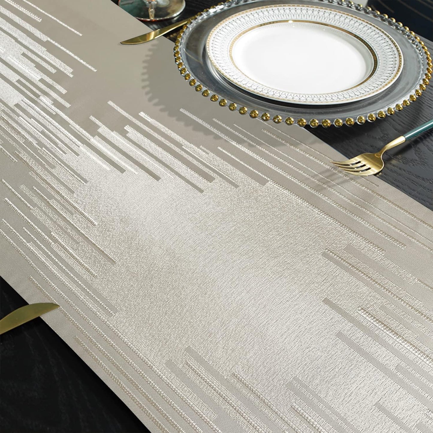 Beige Elegant Luxury Table Runner,13"x98", Modern Geometric Lines, Tassels | Satin Faux Silk Double Layer Accent