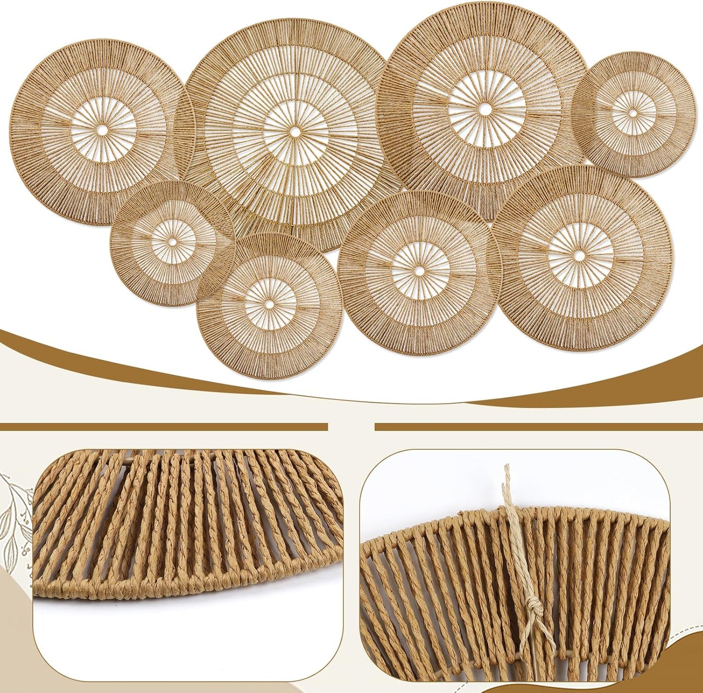 Boho Wall Decoration Jute Wall Decor Baskets Round Hand Woven Wicker Rattan Wall Art / Set of 8