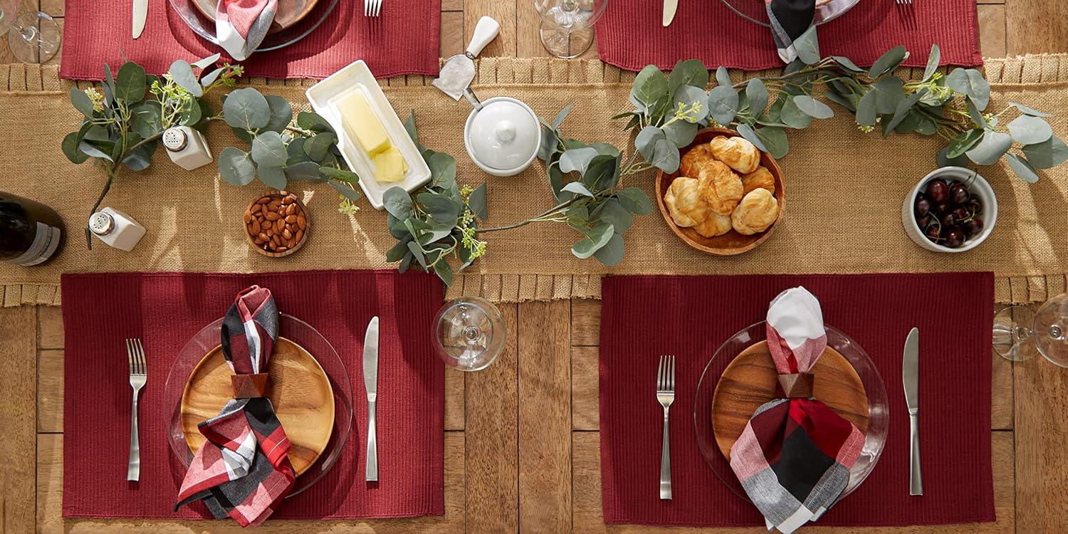 DII Basic Everyday Ribbed Tabletop 100% Cotton, Placemat Set, 13x19, Wine, 6 Piece