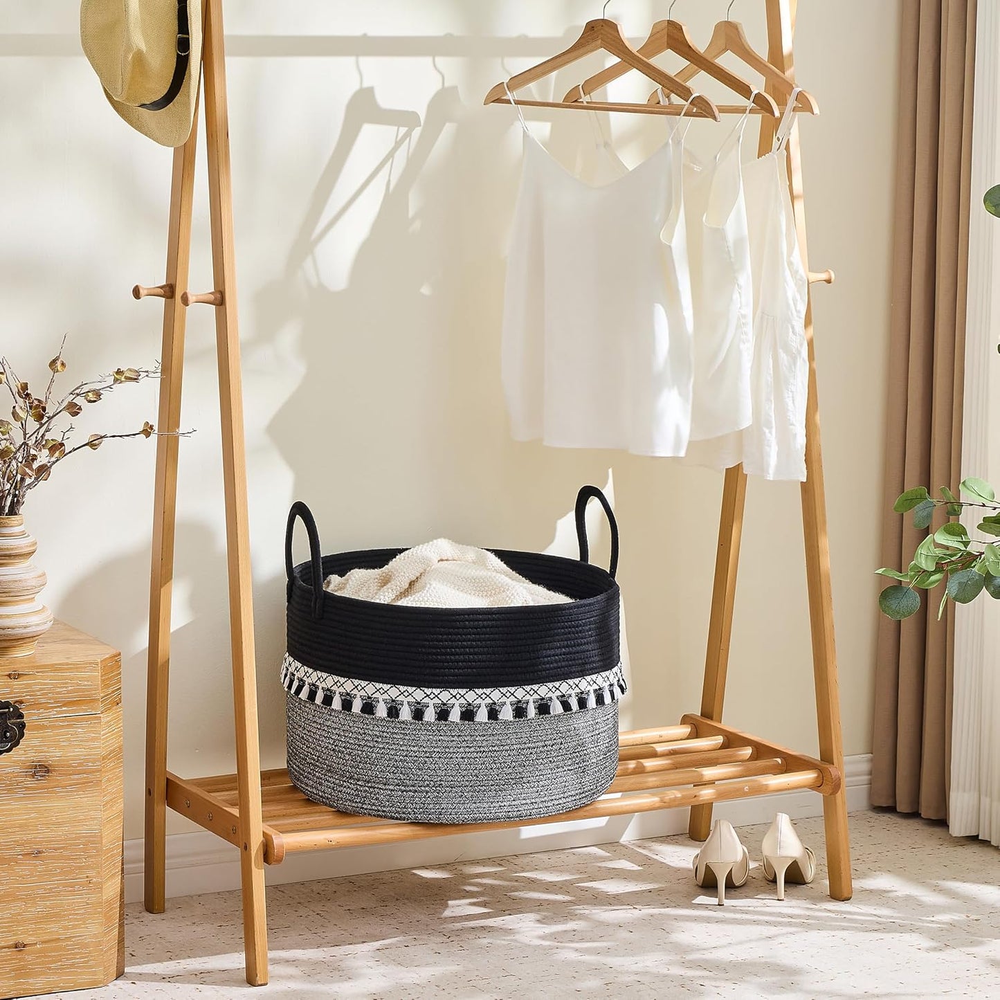 Pillows / Cotton Rope Storage Basket / Black Fringe / 20 x 13