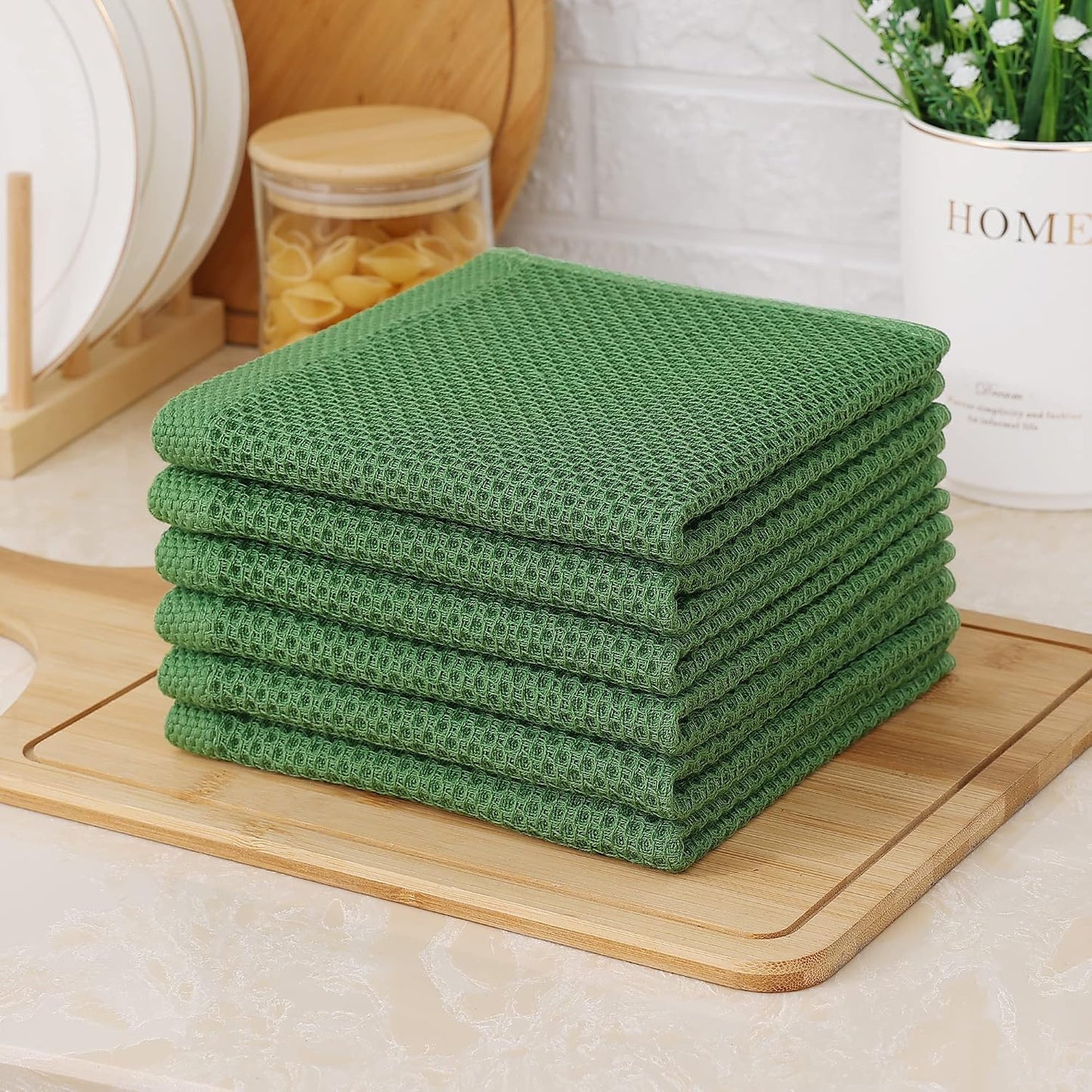 Kitinjoy 100% Cotton Waffle 12-Pack Kitchen Towels, 12" x 12", Grass Green | Ultra Absorbent, Super Soft, lightweight