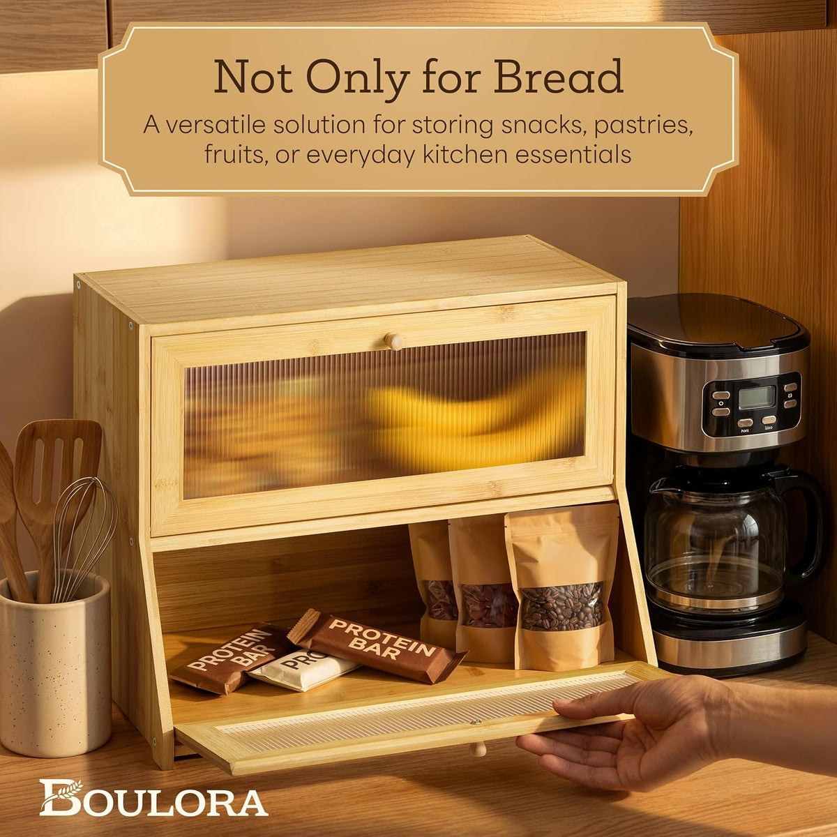 Large Bread Box for Kitchen Countertop - Bamboo Wooden Bread Box, Vintage Breadbox Countertop Cabinet, Double-Layer XL