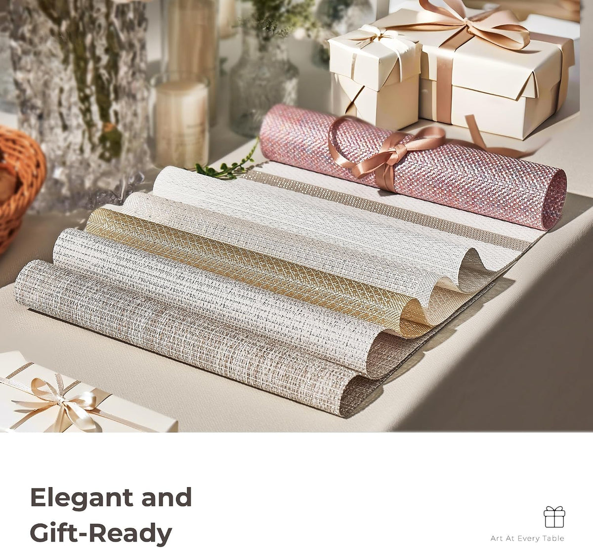 Leetaltree Woven Vinyl Placemats Set of 12,White and Silver | High Density，Stain Resistant, Easy to Clean, Washable