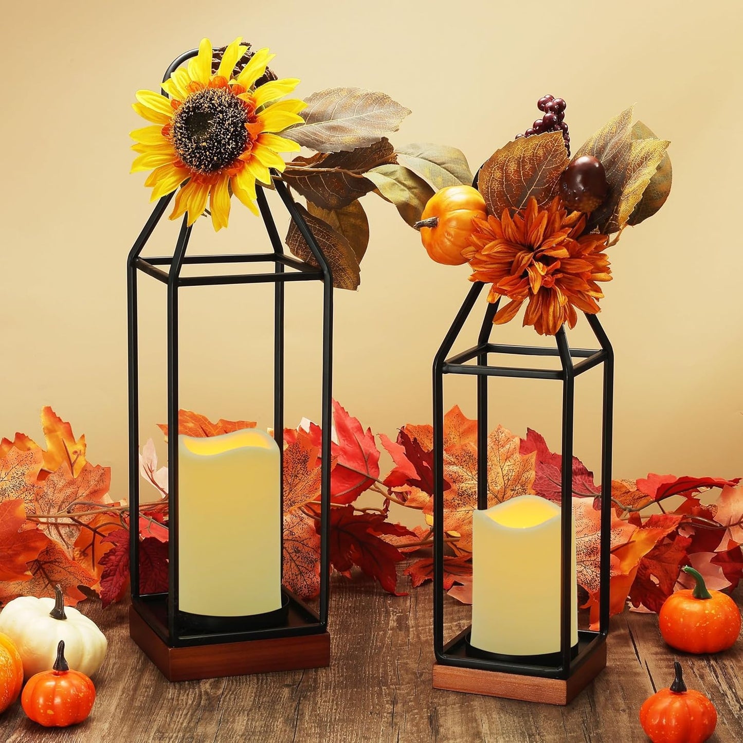 Perfnique Metal Lanterns w/ Pine Wood, Set of 2 Farmhouse Lantern Decorative w/ Waterproof Flameless Candle & Remote