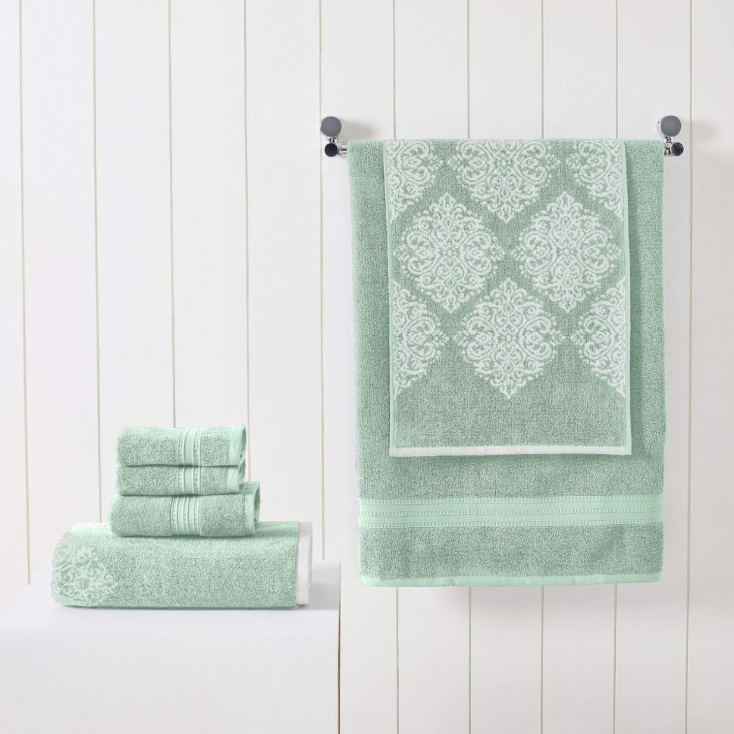 Modern Threads 6-Piece 100% Cotton Damask Medallion Towel Set, Sage | Highly Absorbent, Soft & Plush, Quick-Drying, 550