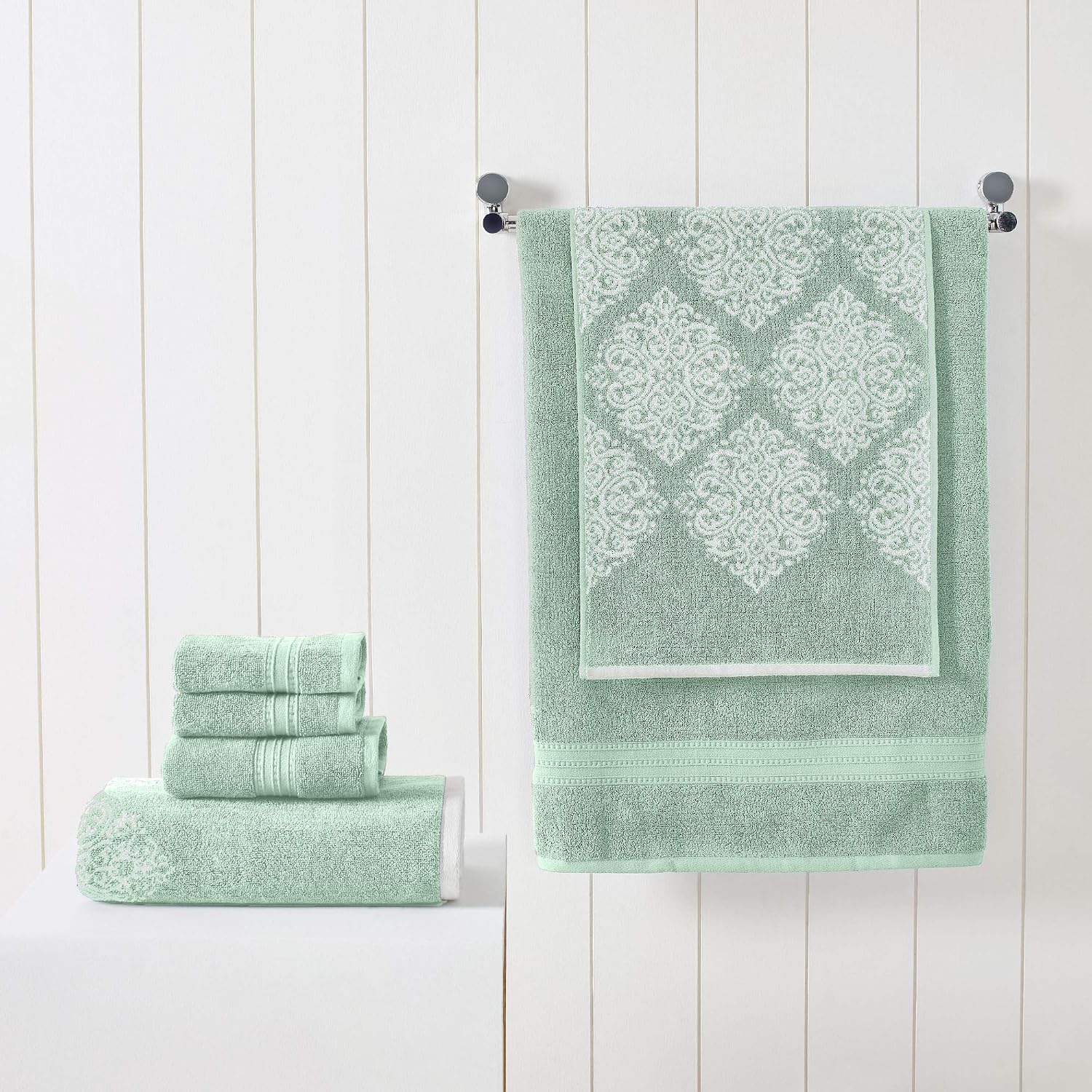 Modern Threads 6-Piece 100% Cotton Damask Medallion Towel Set, Sage | Highly Absorbent, Soft & Plush, Quick-Drying, 550