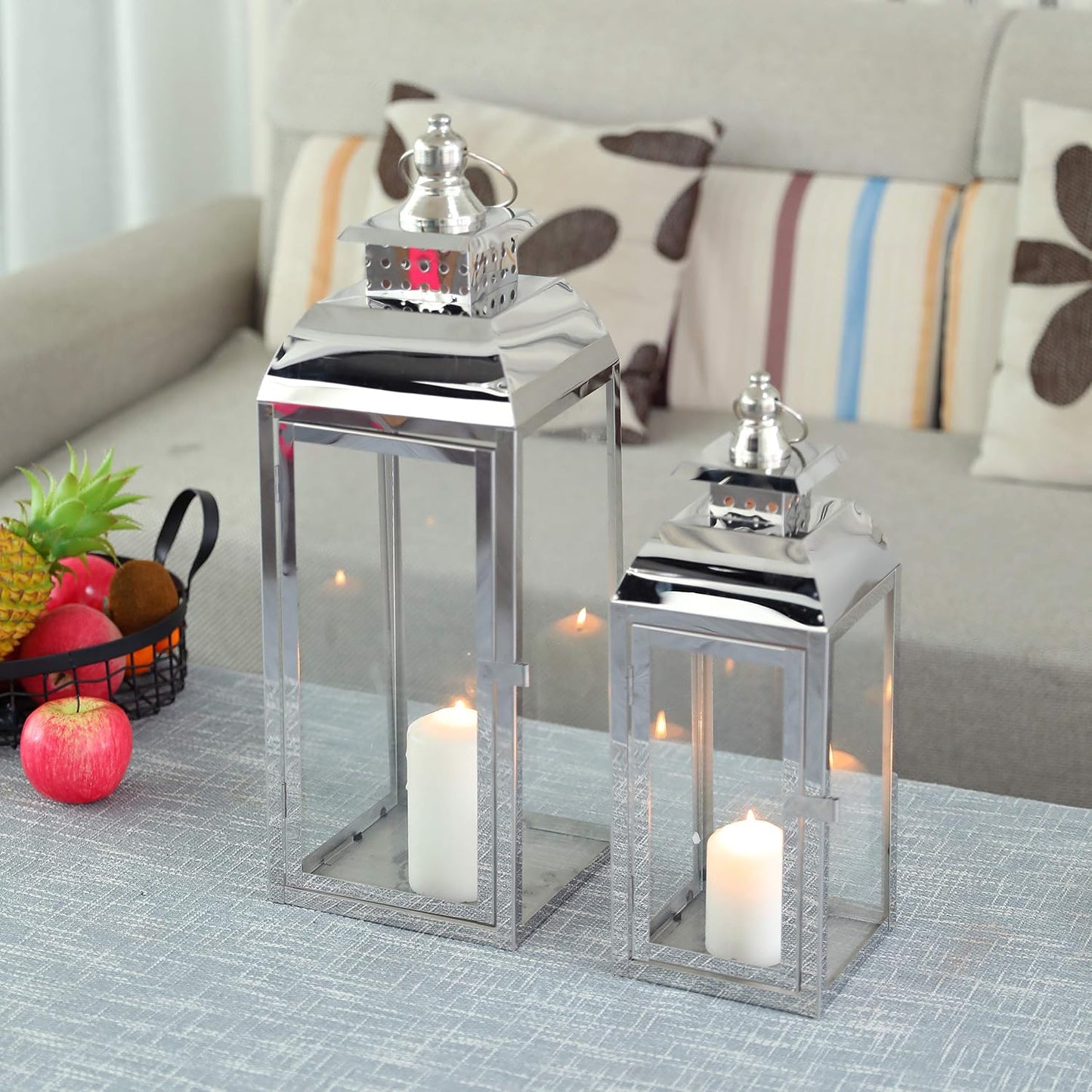 JHY DESIGN Set of 2 Stainless Steel Decorative Candle Lanterns 20.5"&15" High Metal Candle Lanterns for Indoor Outdoor