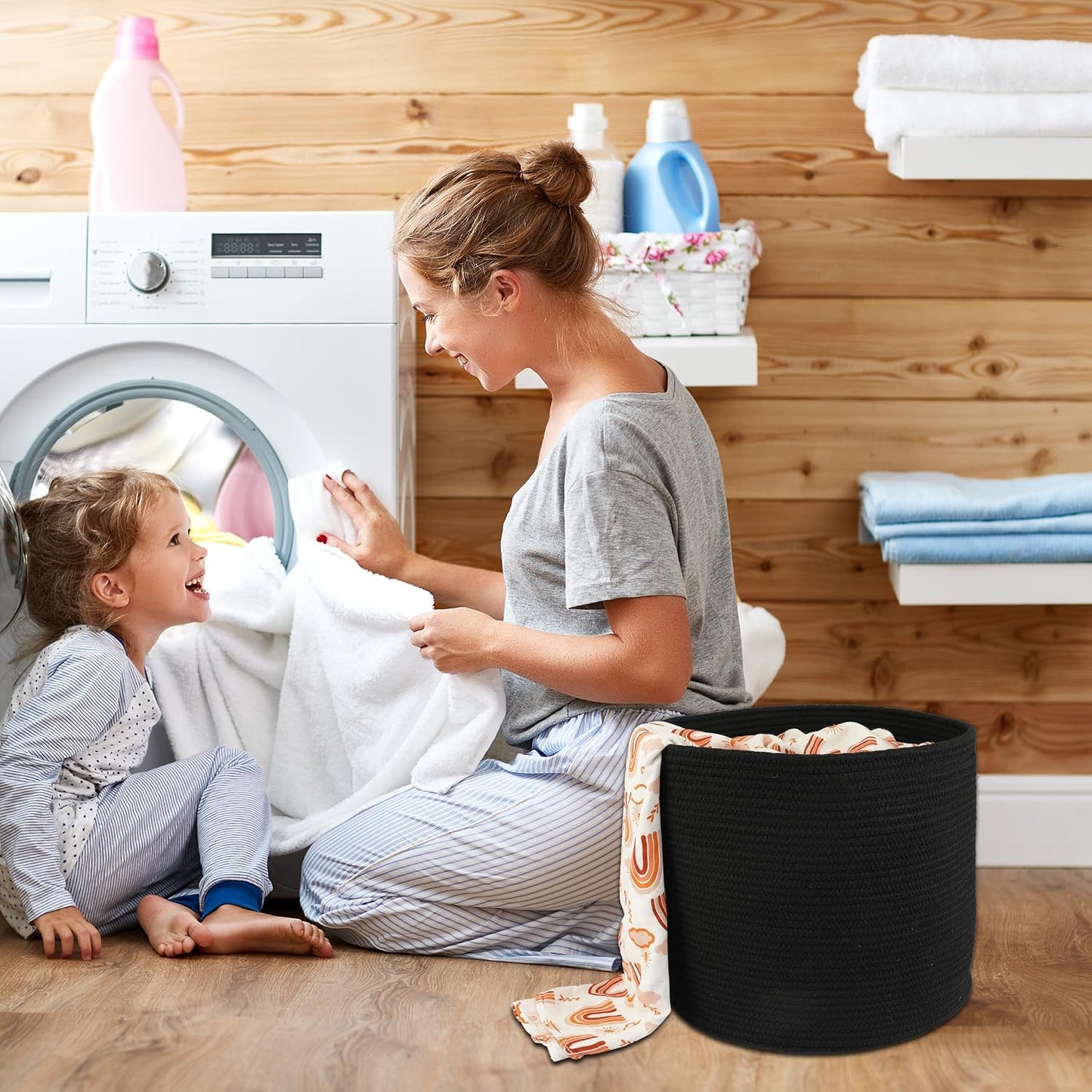 Cotton Rope Basket For Girls Boys Kids " Baby Laundry Basket Nursery Bin Round / Black / 16 x 14