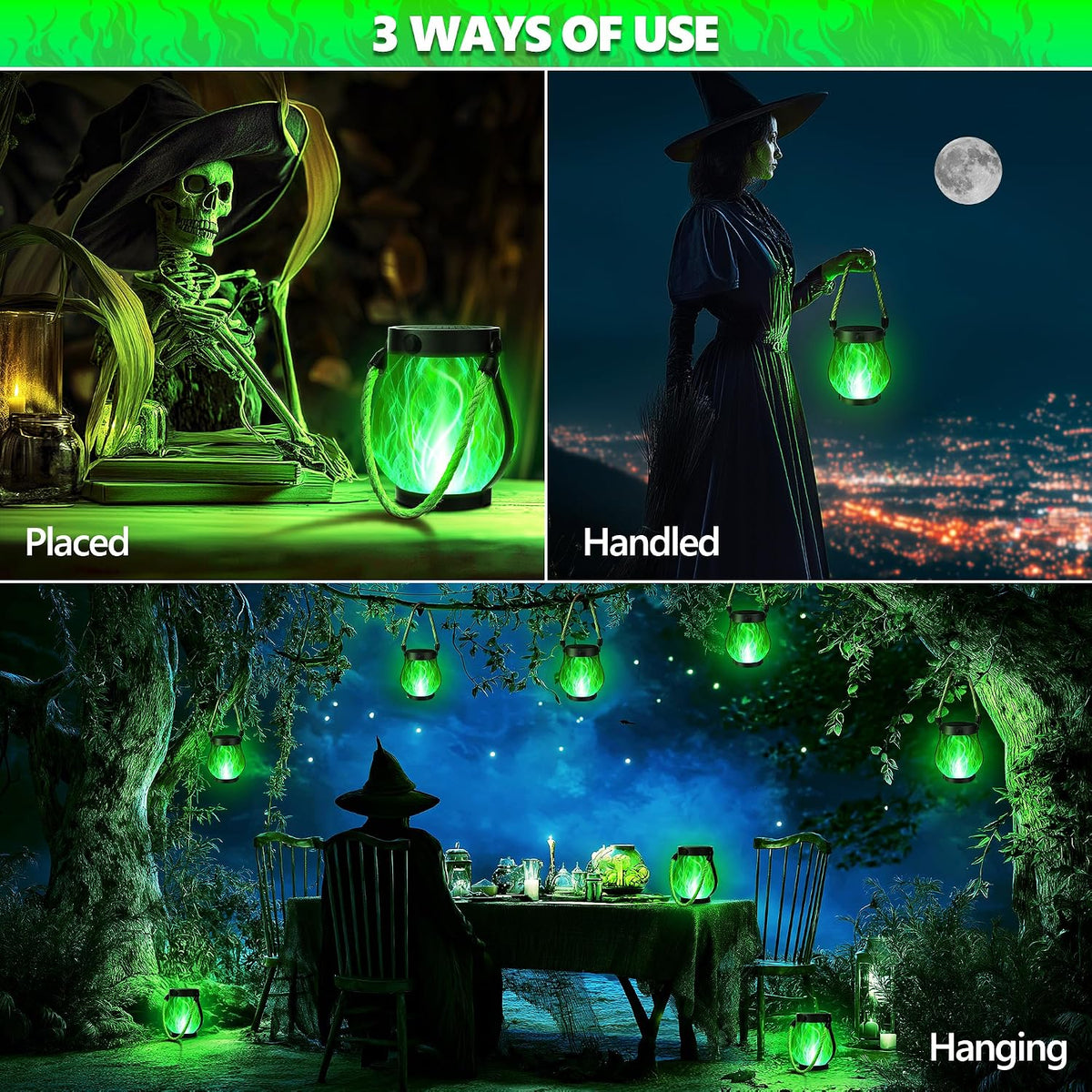 iBaycon 2 Pack Gen2 Solar Lantern Lights USB Halloween Flame Lamp, Green | Solar Garden Lights with Solar & USB-C Dual