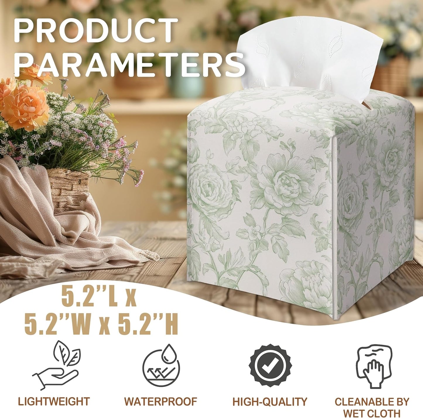 Tissue Box Cover / Green and White Floral