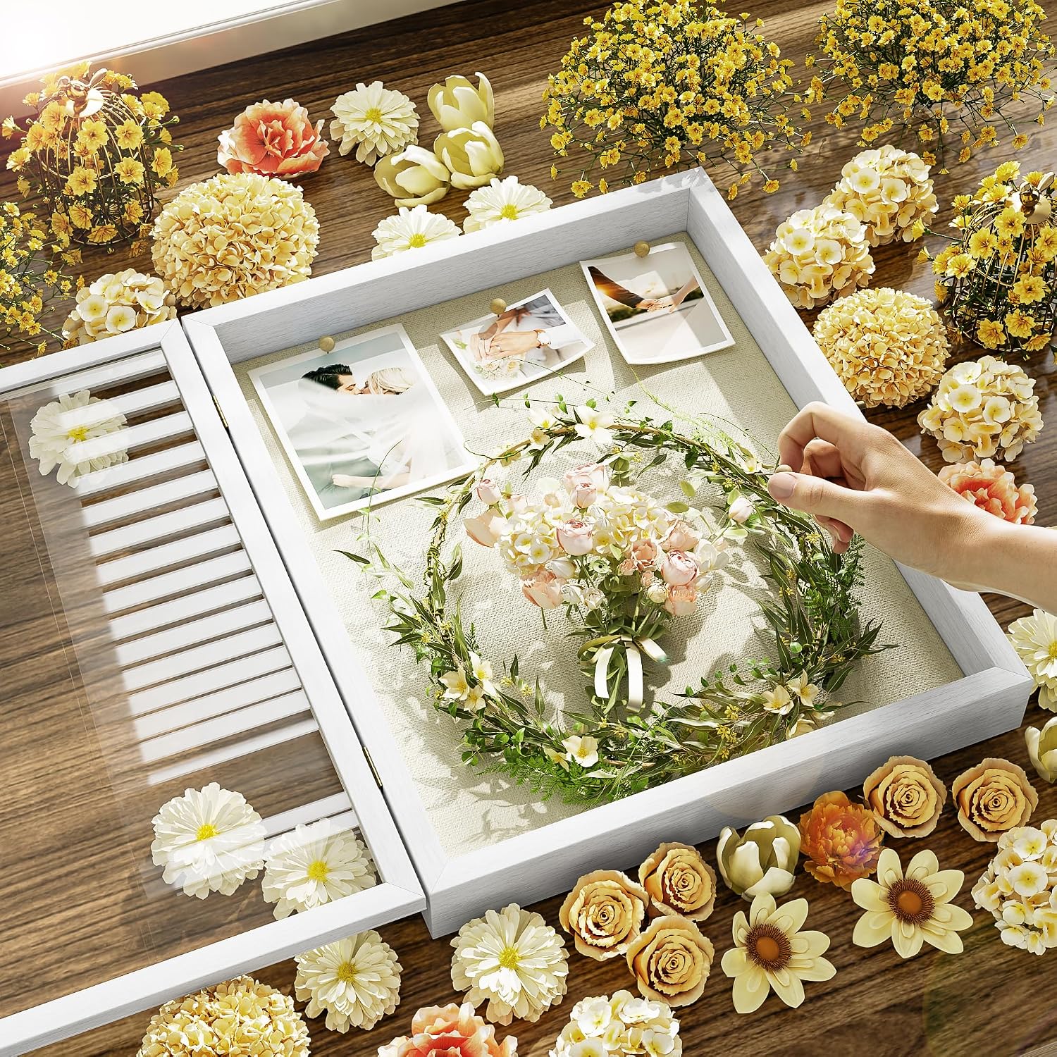 SZQINJI Shadow Box Frame 13x16 Deep Large Memory Box Display Cases, White | Shadow Box, Front Opening Vintage Lock