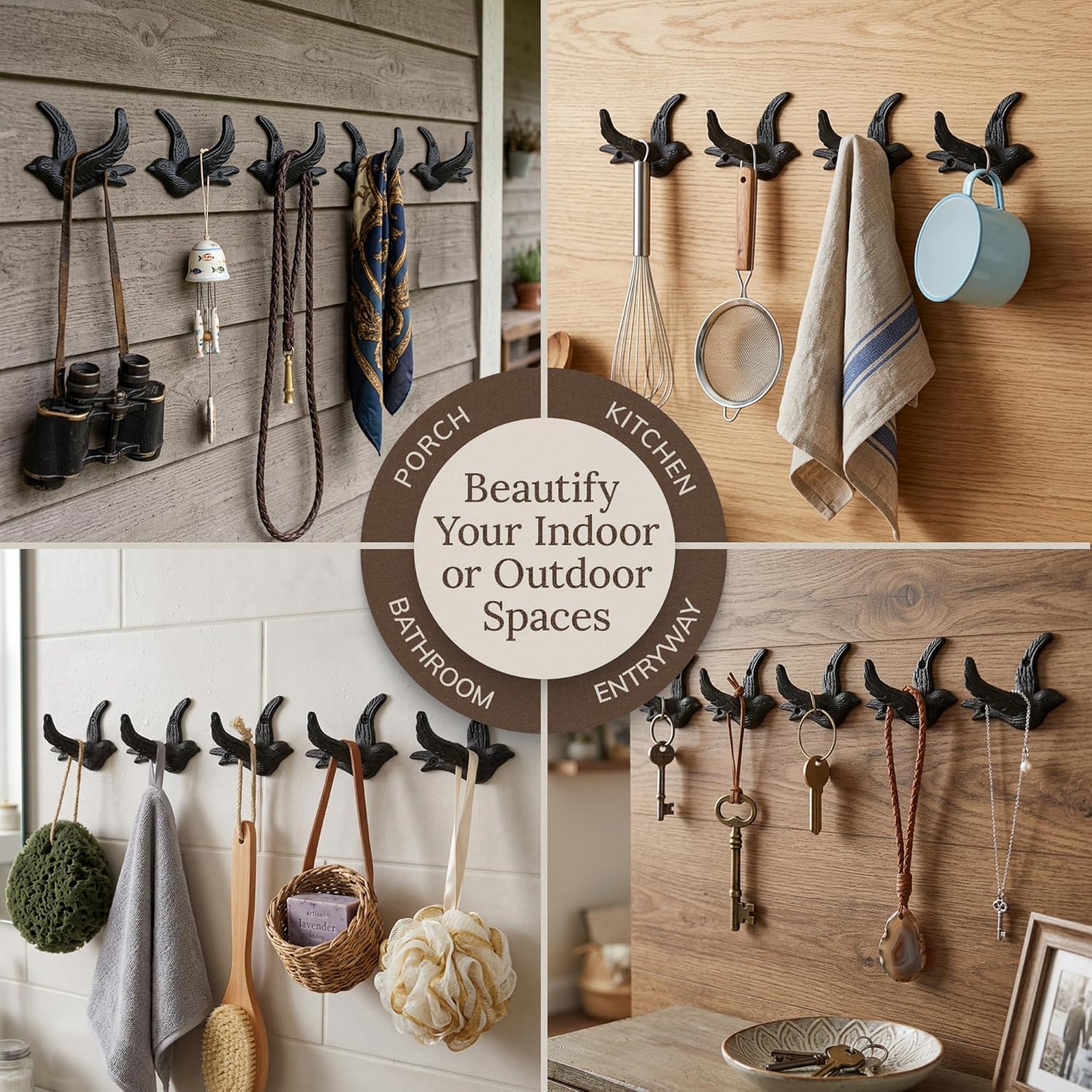 Farmhouse Entry Hook / Vintage Bird Hooks / Antique Black / Set of 5
