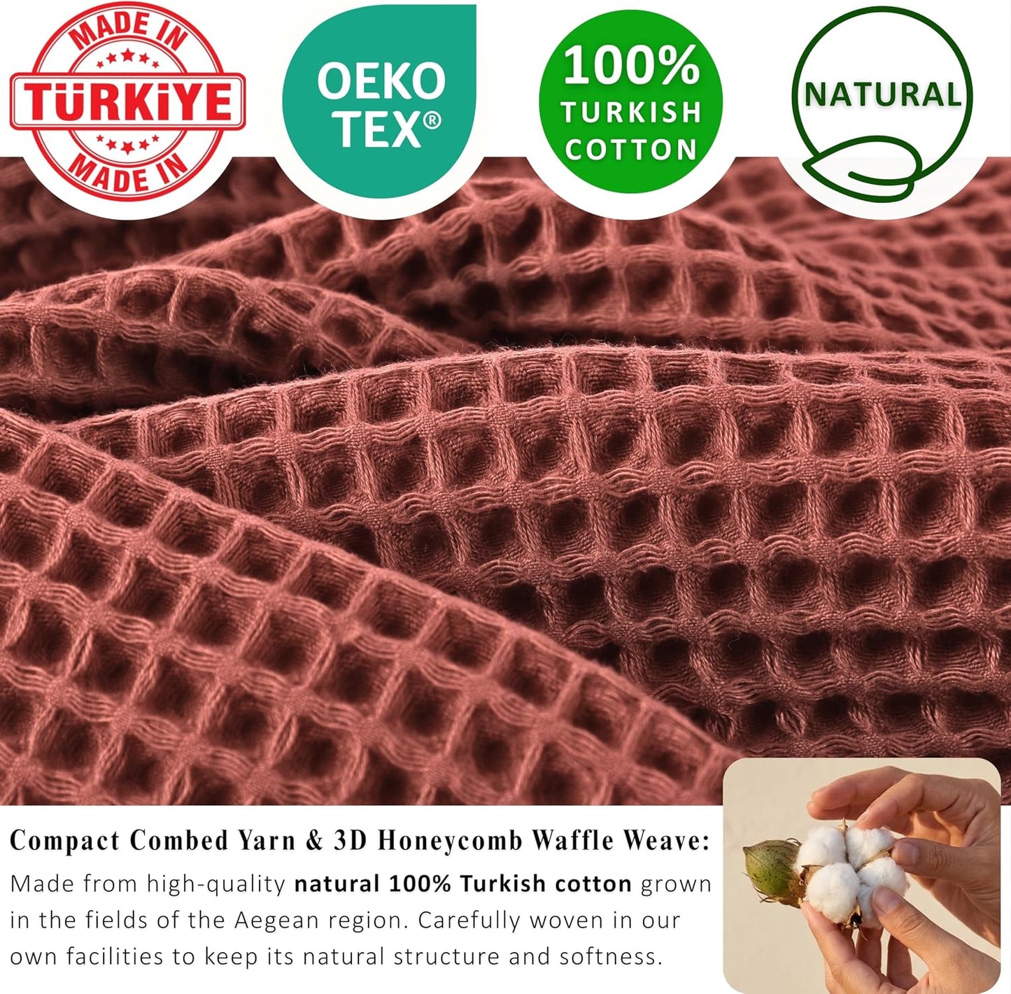 PÜSKÜL Natural 100% Turkish Cotton Waffle Hand and Kitchen Towels Set of 3 | Brick-Red, Large 32x16 inc
