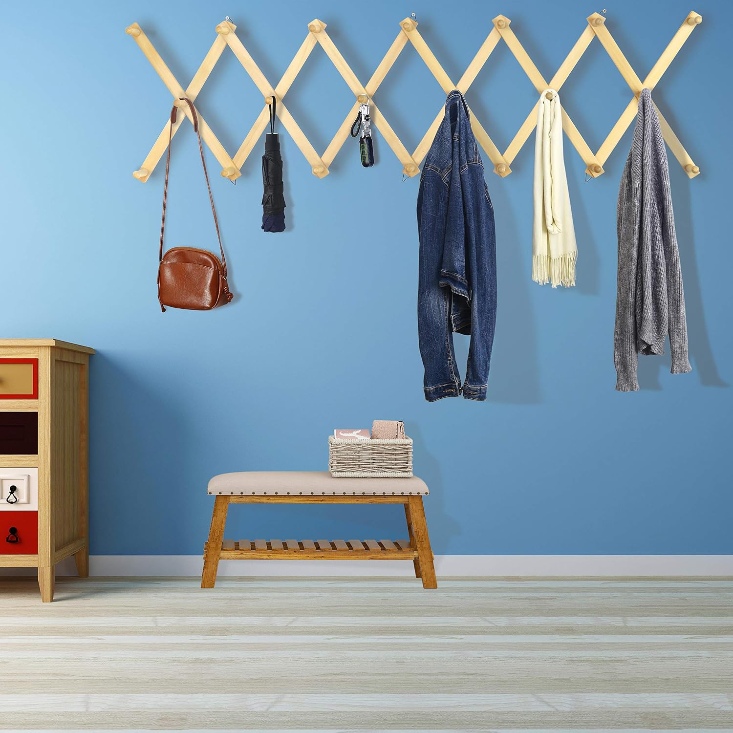 Accordian Wall Hanger: 16” High Wooden Wall Expandable Coat Rack, Hat Rack Holder, Accordion Hook for Baseball Caps