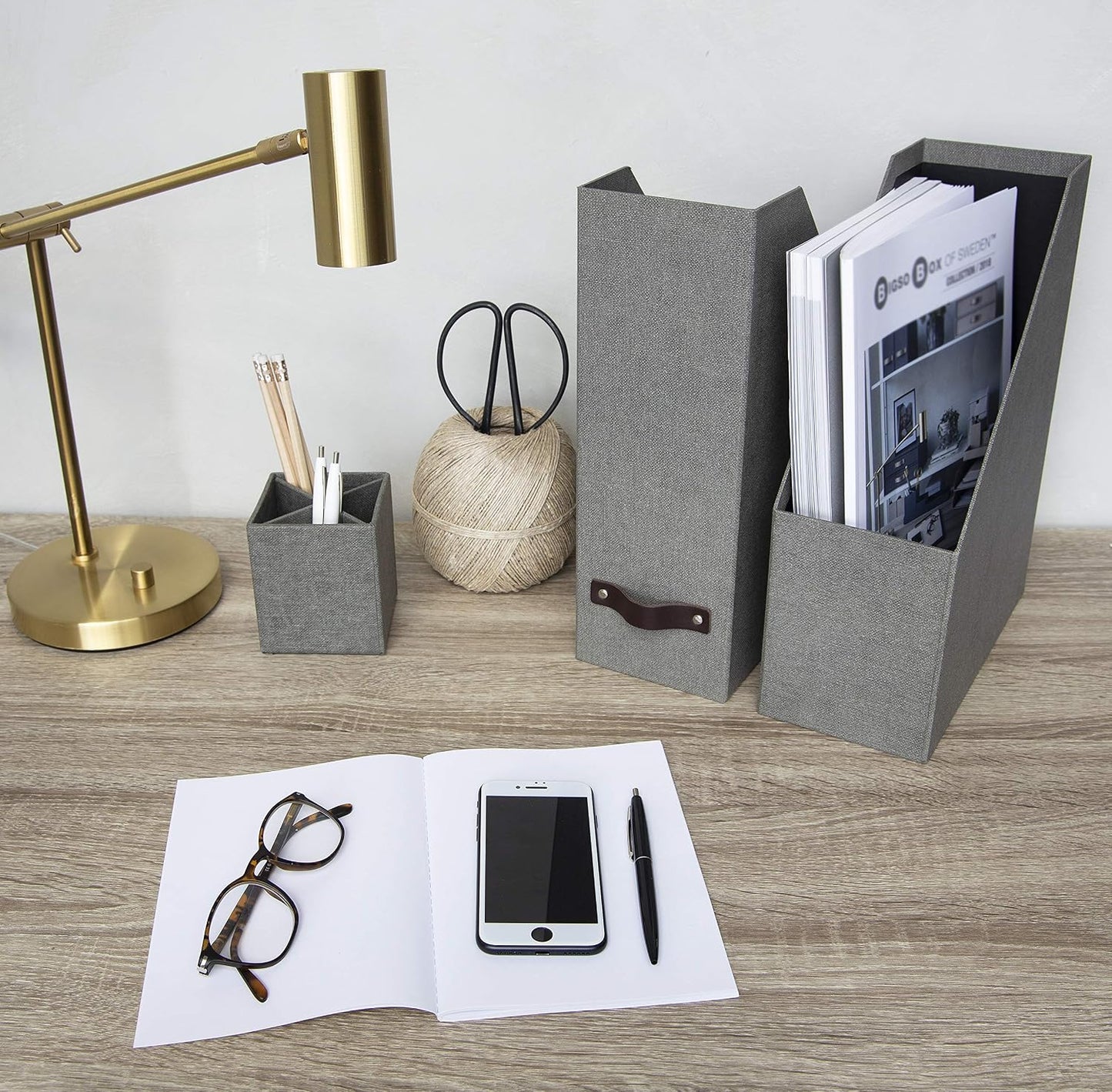 Bigso Box of Sweden Estelle Canvas Fiberboard Upright Magazine Storage Box Organizer for Papers & Catalogs w/Leather
