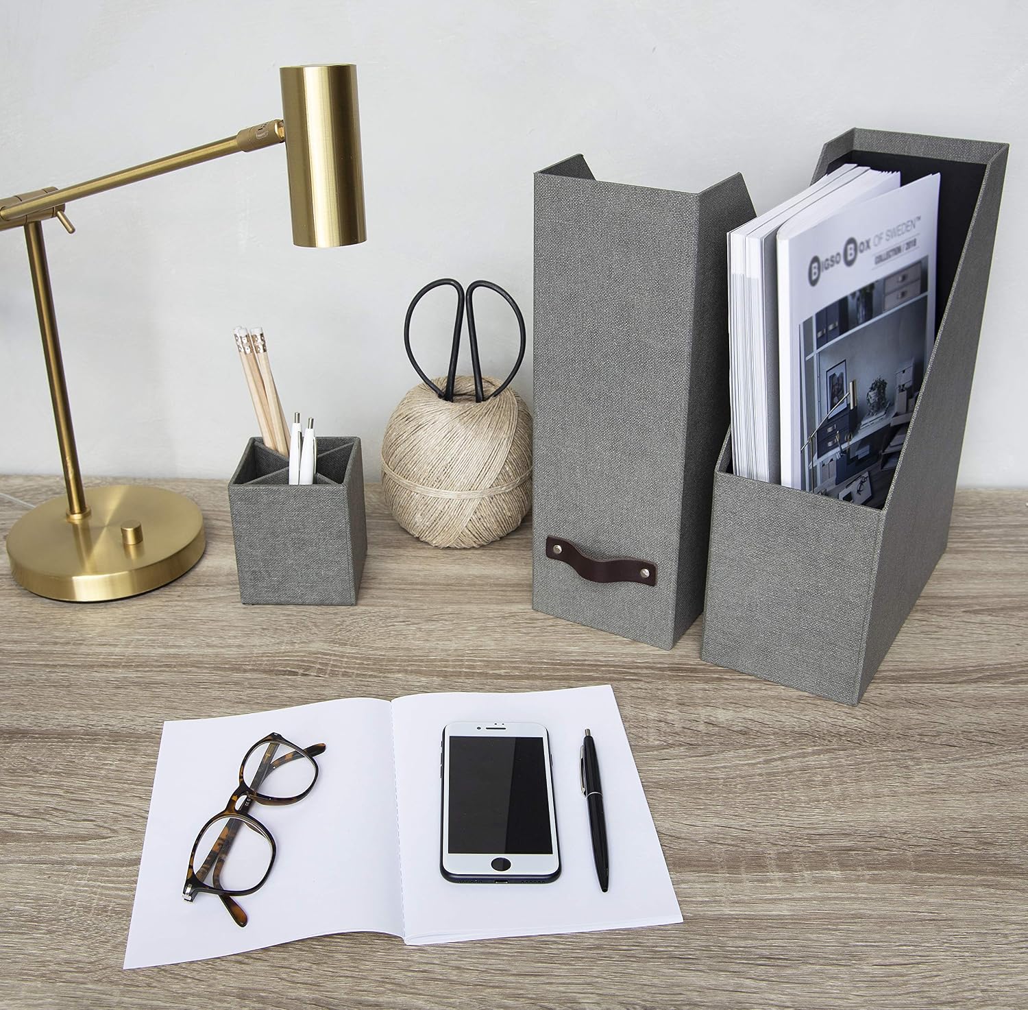 Bigso Box of Sweden Estelle Canvas Fiberboard Upright Magazine Storage Box Organizer for Papers & Catalogs w/Leather