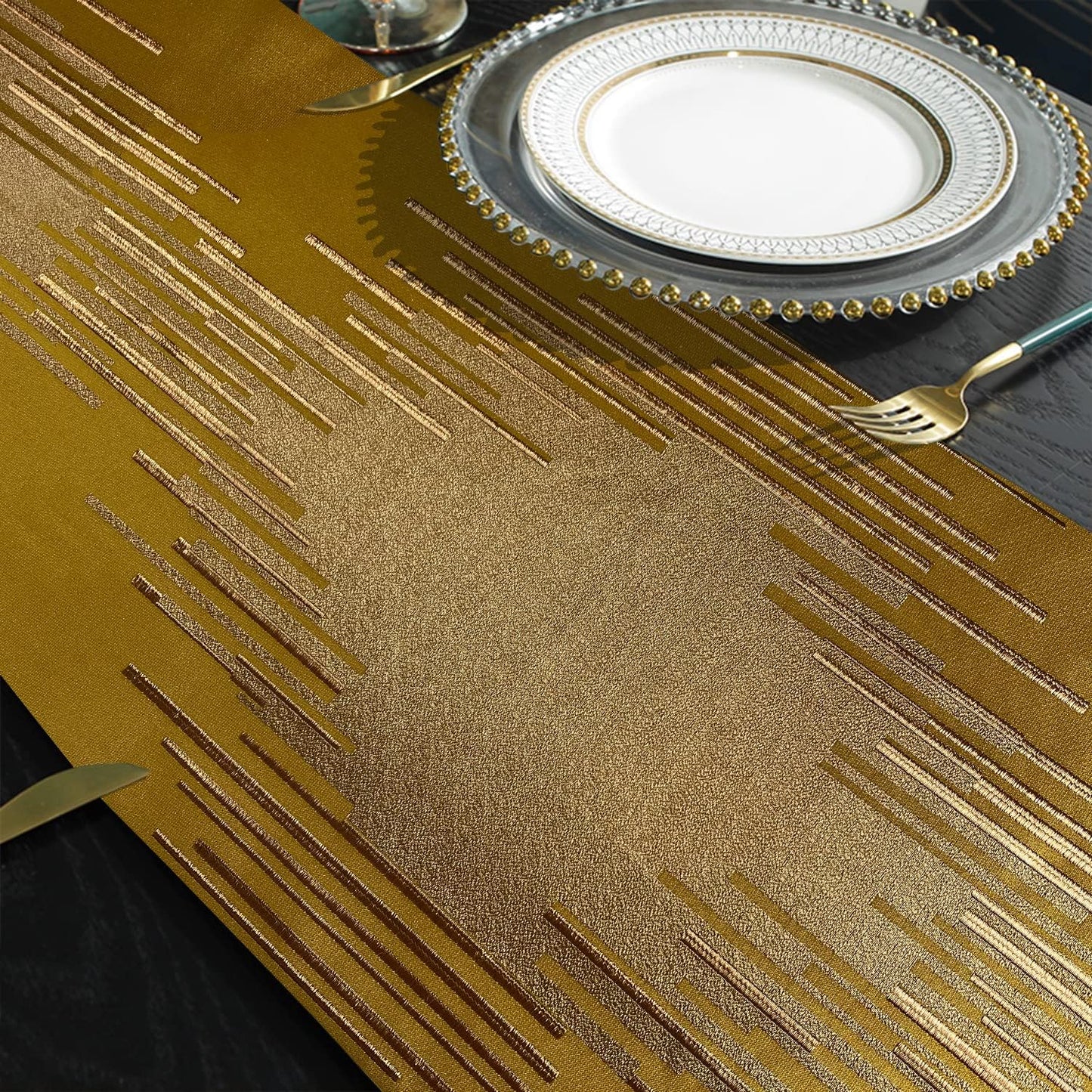 Luxury Gold Texture Table Runner,13"x120", Modern Abstract Striped, Tassel | Table Runner 120 Inches Long, Elegant