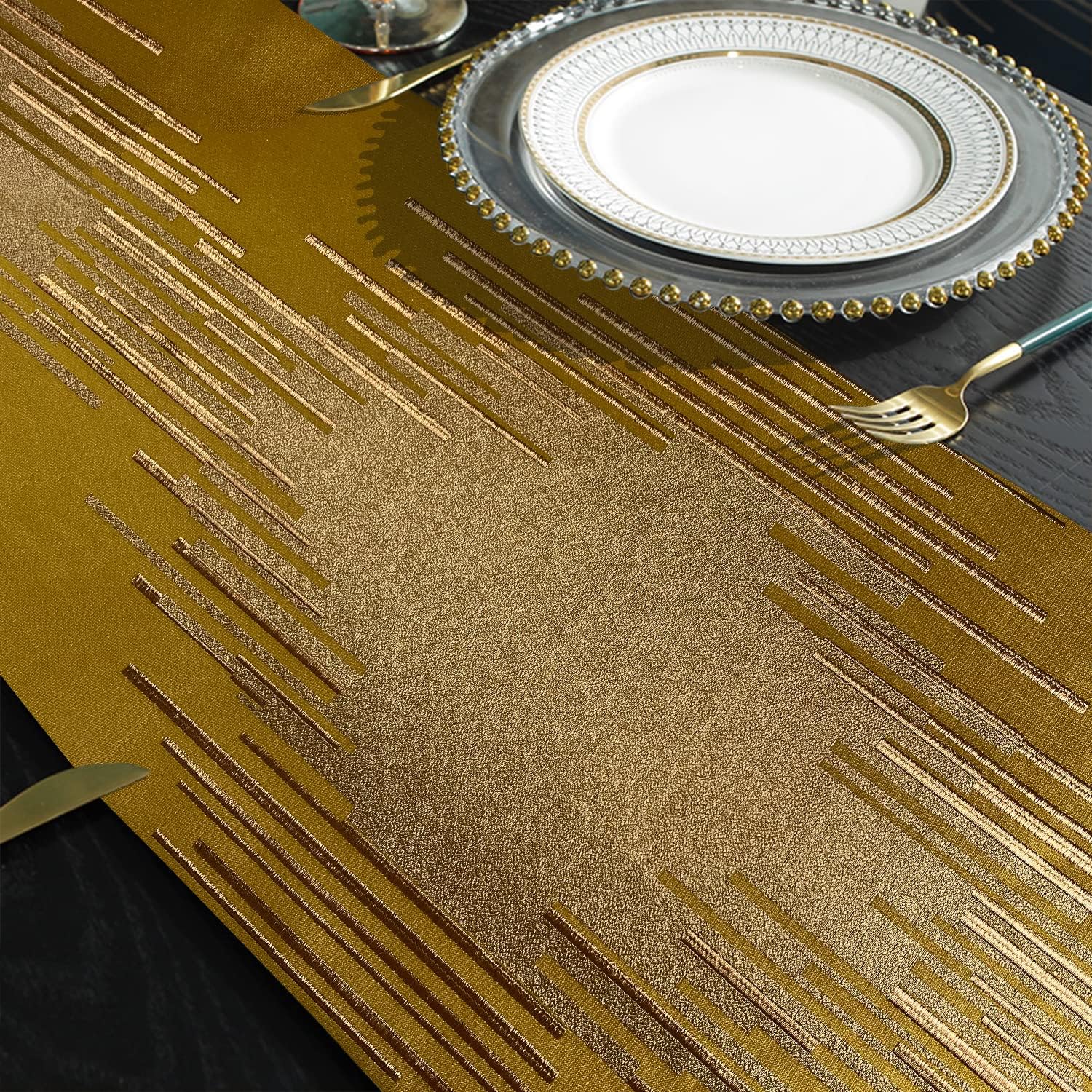 Luxury Gold Texture Table Runner,13"x120", Modern Abstract Striped, Tassel | Table Runner 120 Inches Long, Elegant