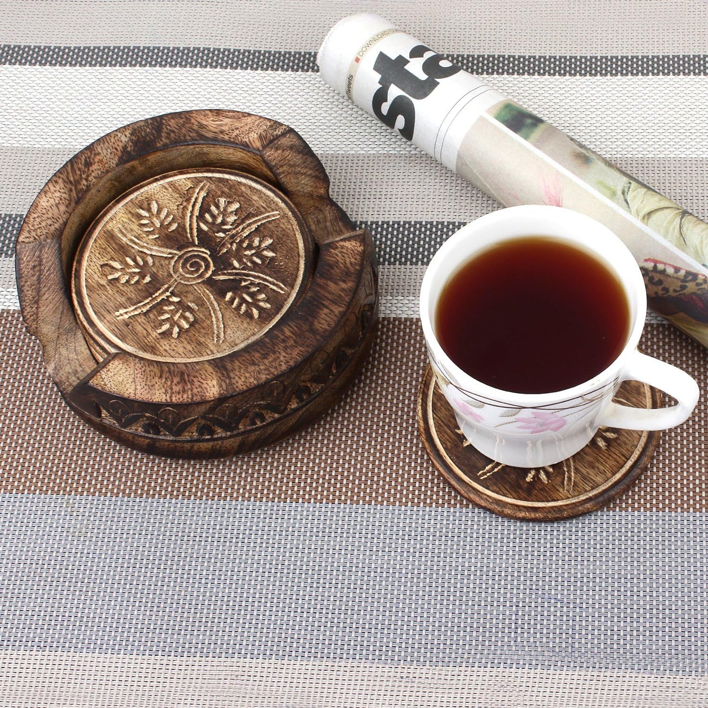 Lotus Shaped Holder in Rustic Wood Design Carving / Set of 6