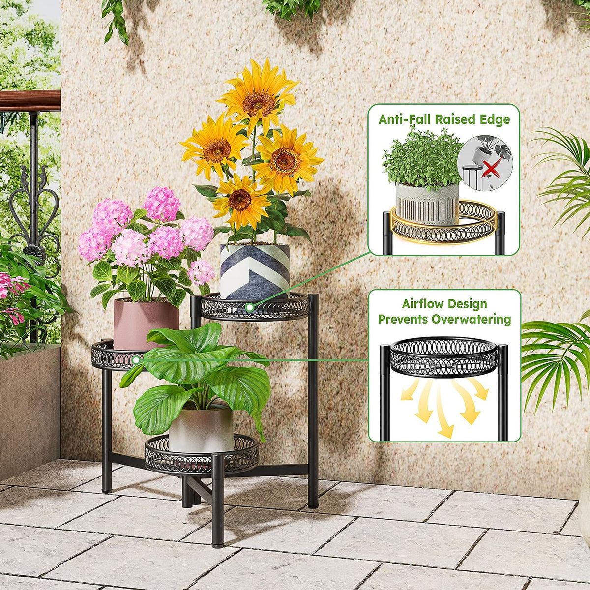 3 Tier Metal Plant Stand Indoor Outdoor, Corner Tall Plant Shelf for Multiple Plants, Foldable Heavy Duty Plant Holder
