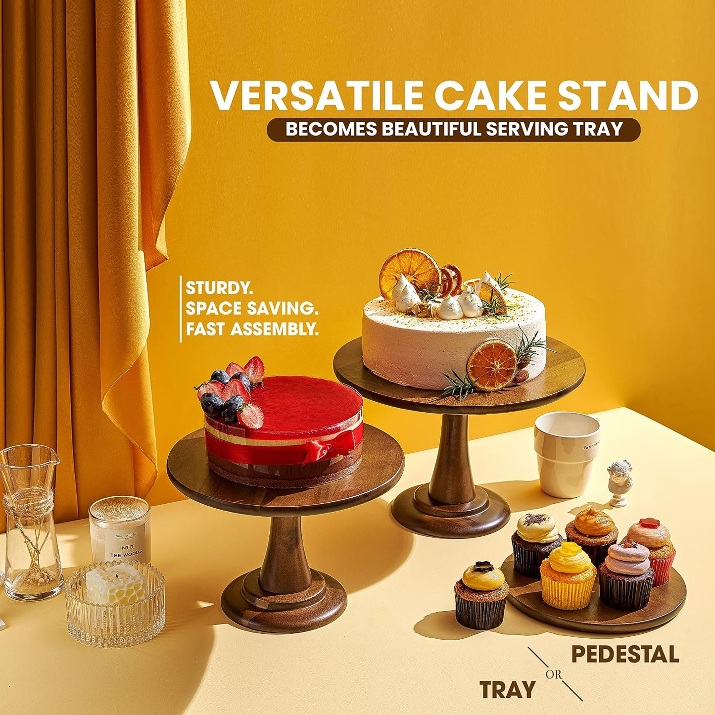 Wood Cake Stand Set / Acacia / Small, Medium, and Large / Set of 3