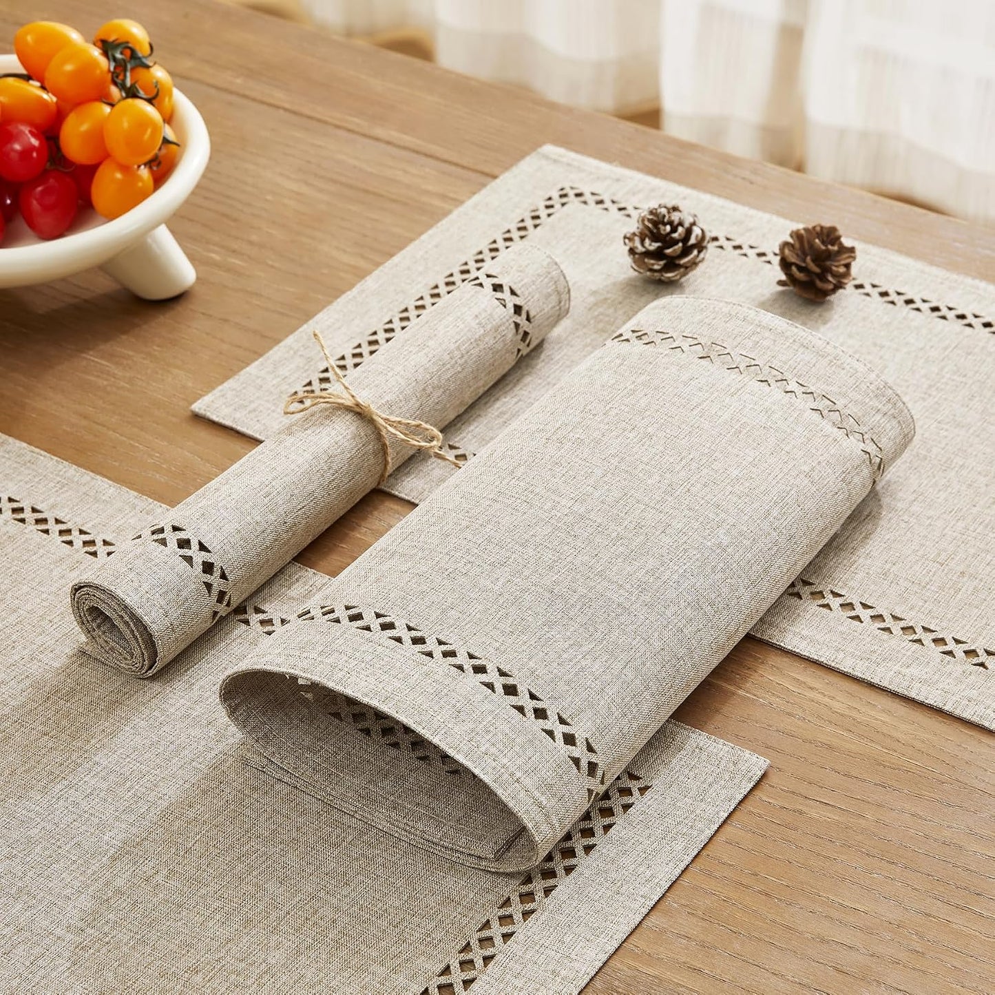 Farmhouse Burlap Place Mats, Coffee Placemats Set of 6, 12 x 18 Inch | Double Layer, Thick Textured Lattice Cutwork