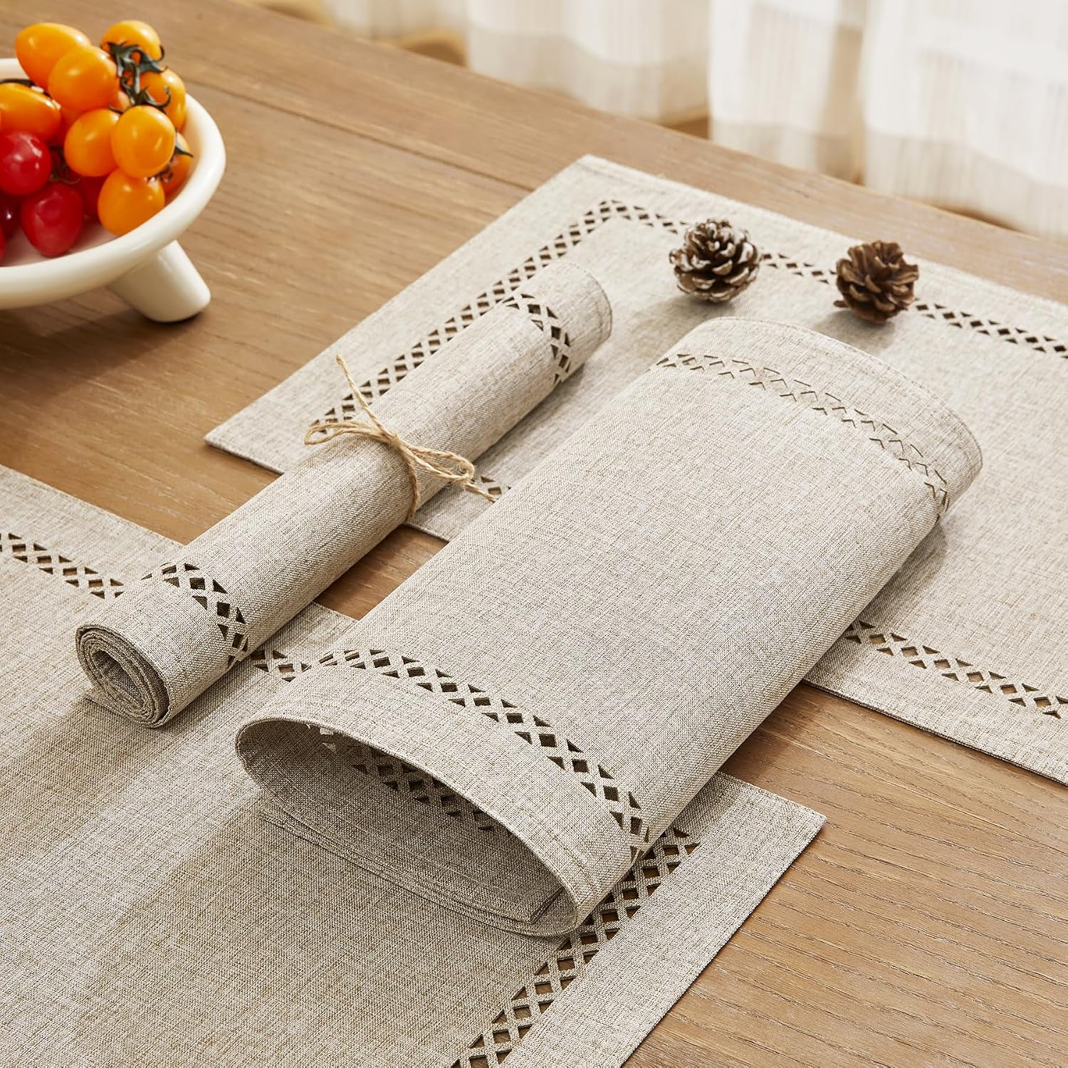Farmhouse Burlap Place Mats, Coffee Placemats Set of 6, 12 x 18 Inch | Double Layer, Thick Textured Lattice Cutwork