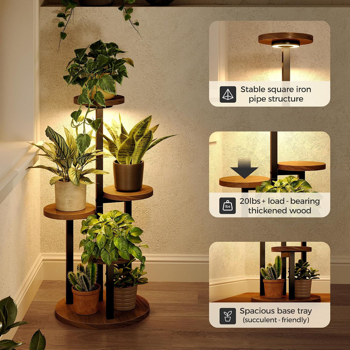 Bamworld Plant Stand with Grow Lights Corner Plant Stand 4 Tier | plant holders for Multiple Plants Tall Corner Plant