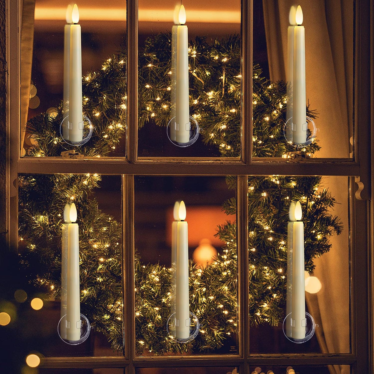 9 PCS Flameless Taper Candles Battery Operated, Realistic Flickering Window Candles with Daily Timer, Remote & Suction Cups Included,for Christmas Home Wedding Decor (Ivory)