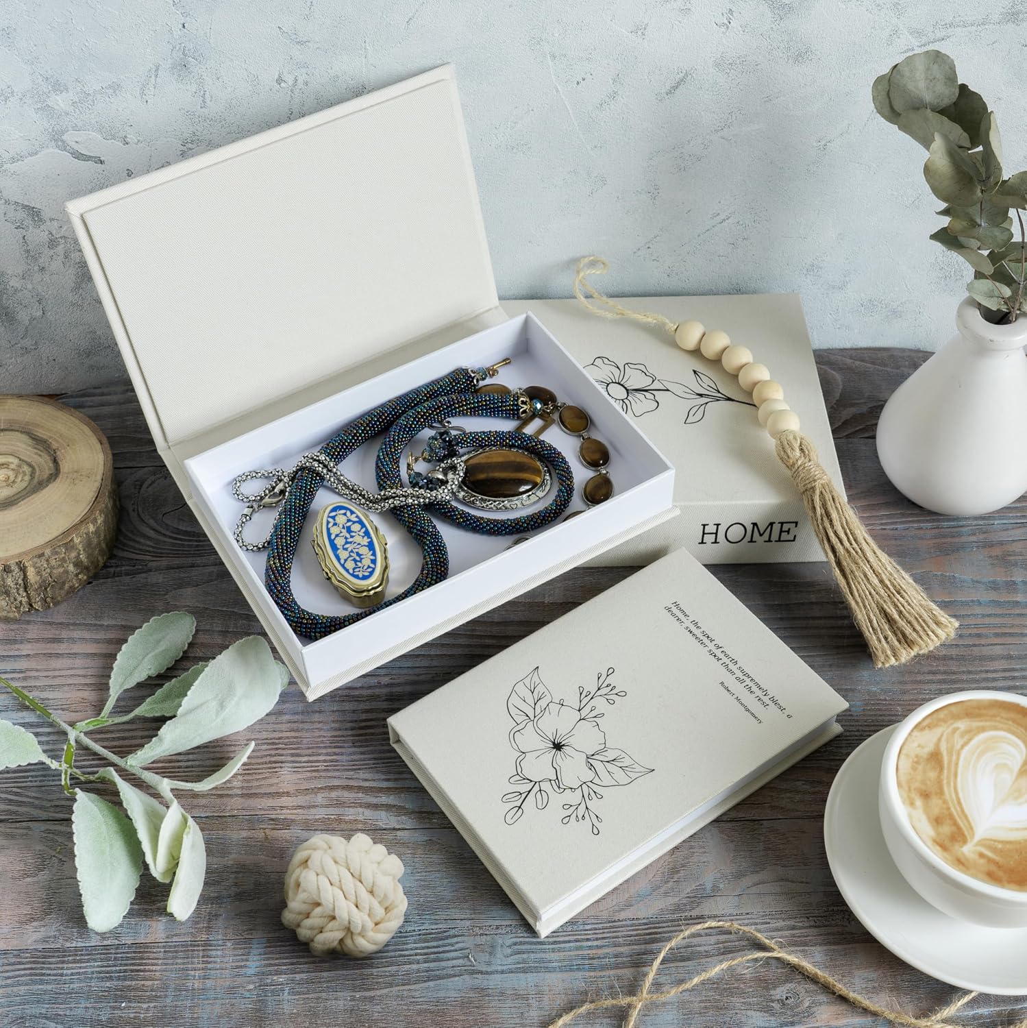 Decorative Storage Book Shaped Boxes Set for Farmhouse Modern Rustic Home Decor / White