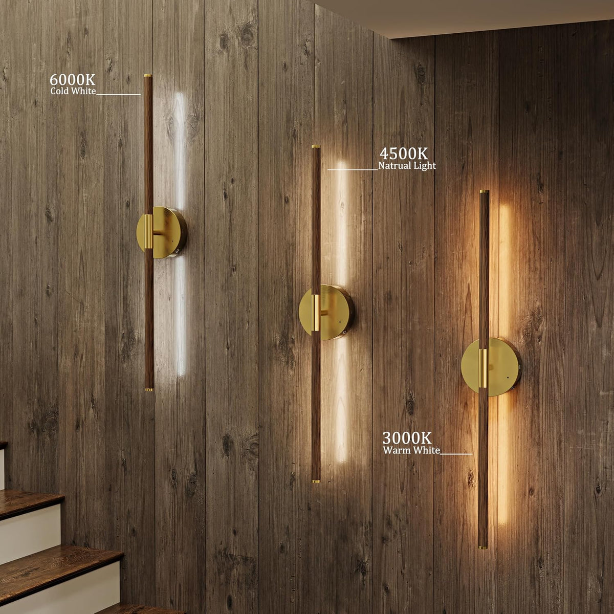 32" Battery Operated Wall Sconce Set of 2, 350° Rotating Lamp, Walnut Gold | Wireless, 8000mAh Rechargeable Battery