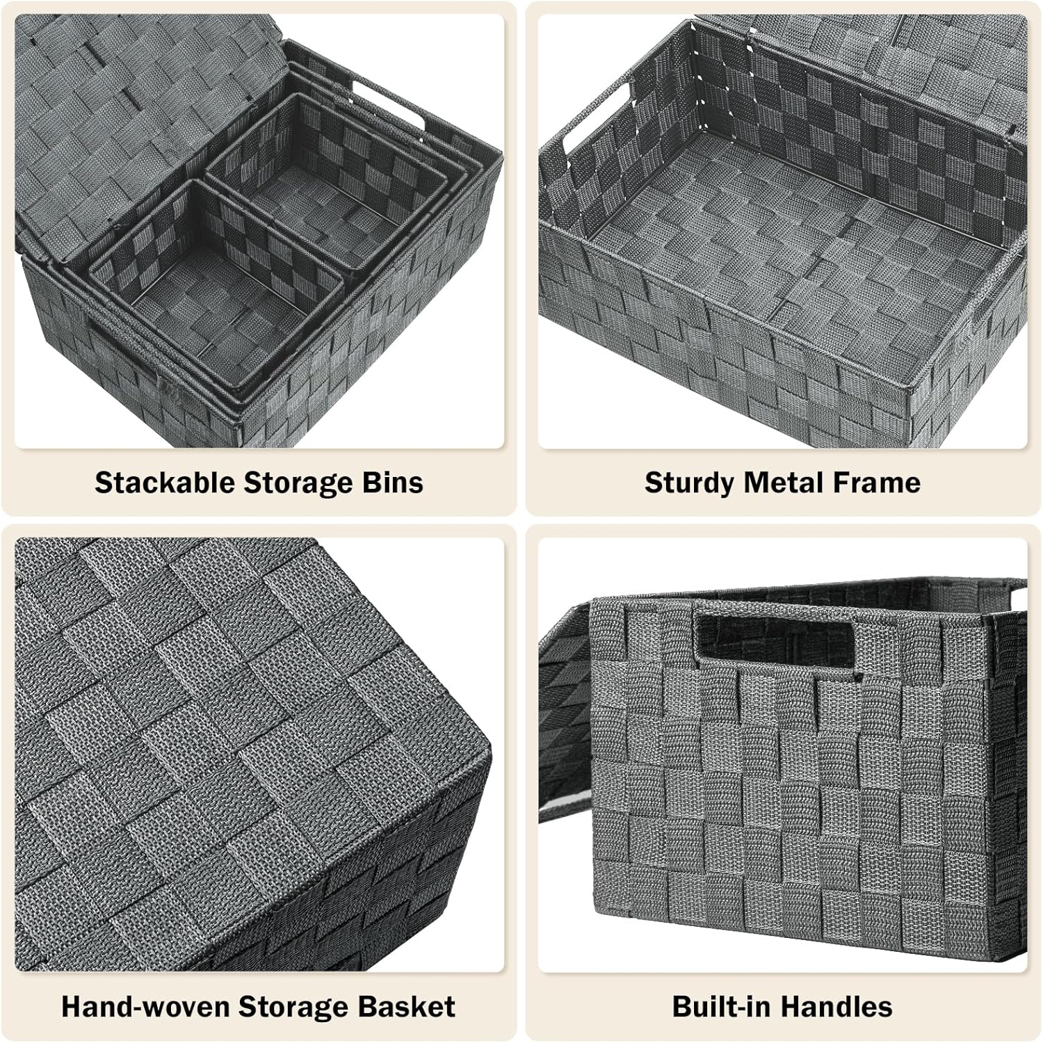 Woven Storage Box Organizer Containers Decorative Baskets Cube / Grey / with Lids / Set of 5