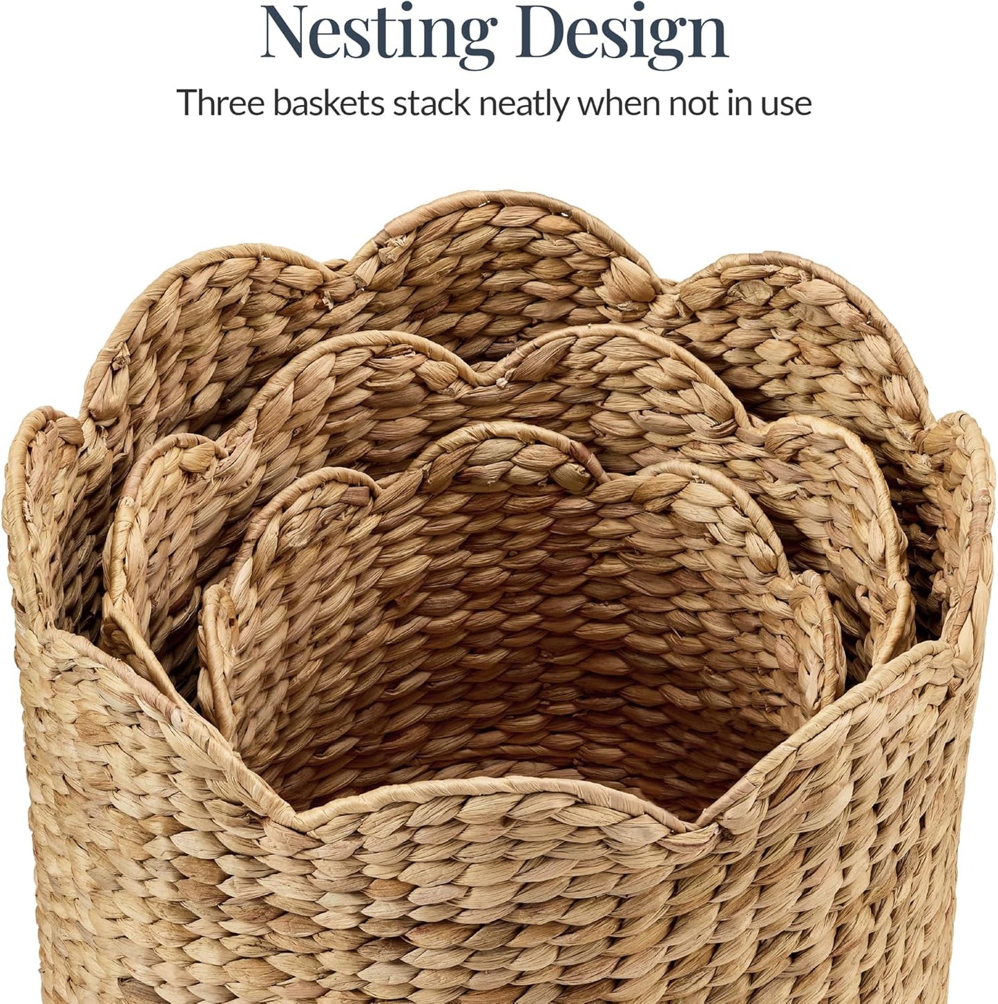 3pc Water Hyacinth Scalloped Multipurpose Nesting Baskets / Natural