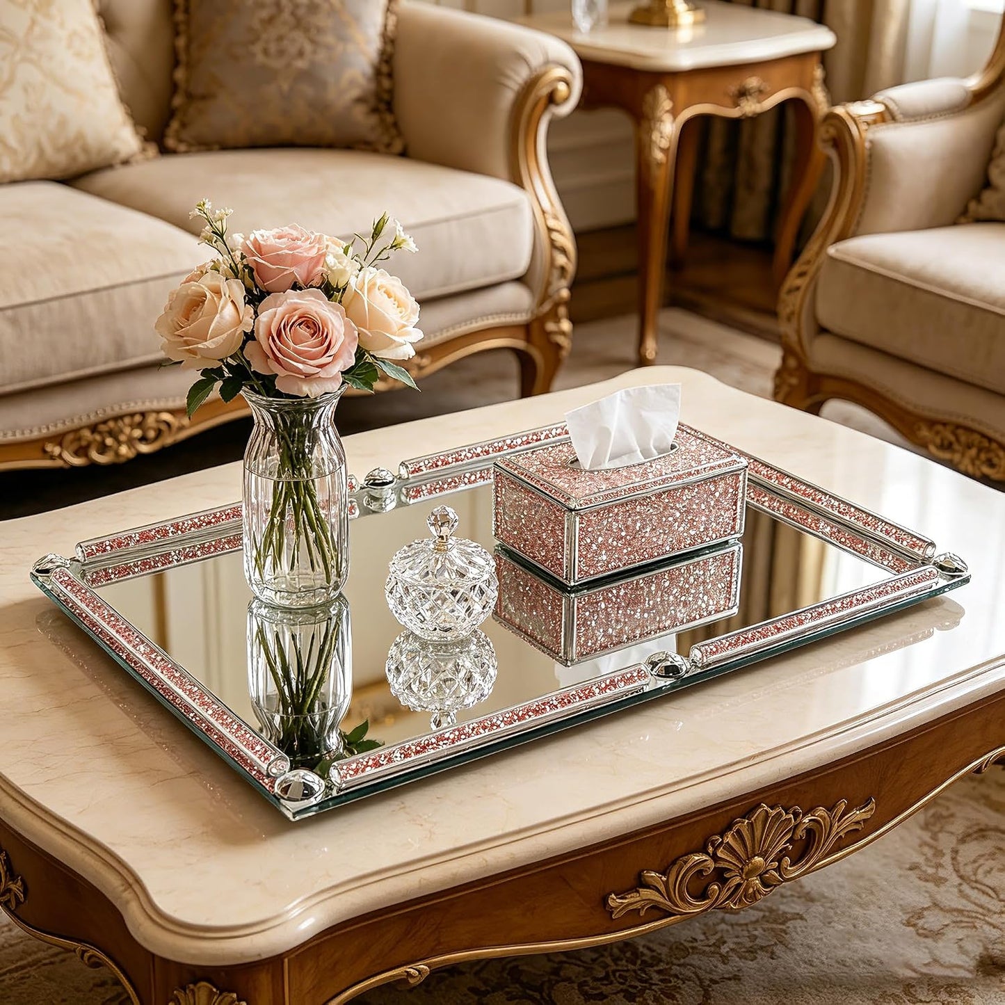 Crushed Diamond Filled Glass Vanity Tray / Pink / 15.7 x 11.8 x 1.4