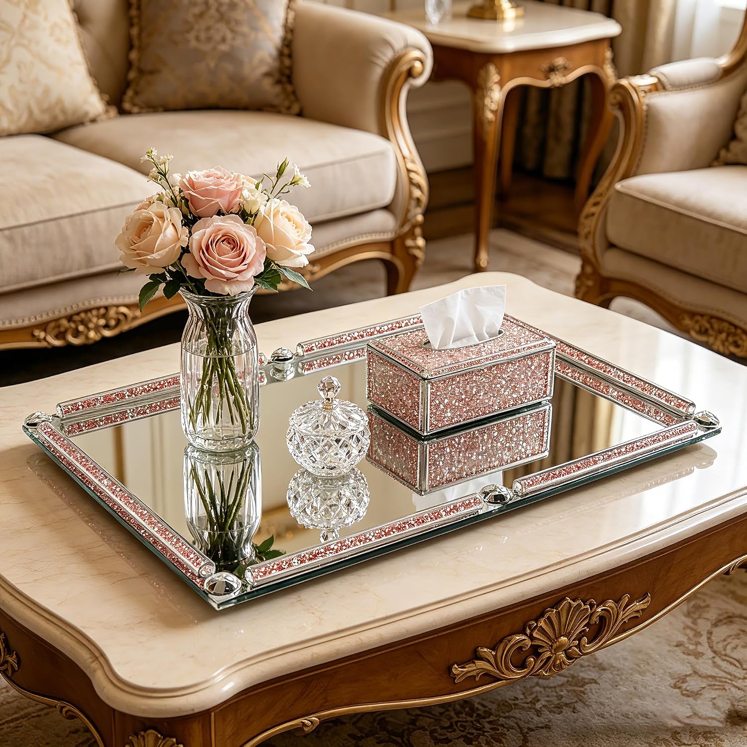 Crushed Diamond Filled Glass Vanity Tray / Pink / 15.7 x 11.8 x 1.4