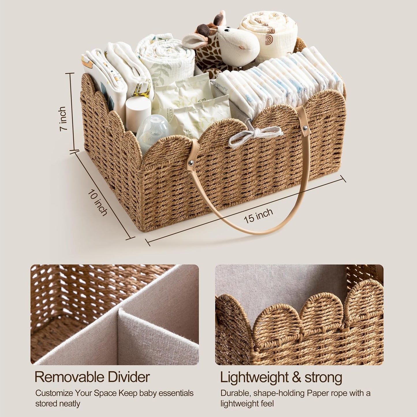 Paper Rope Scalloped Storage Baskets Nursery Bin / Brown / Large