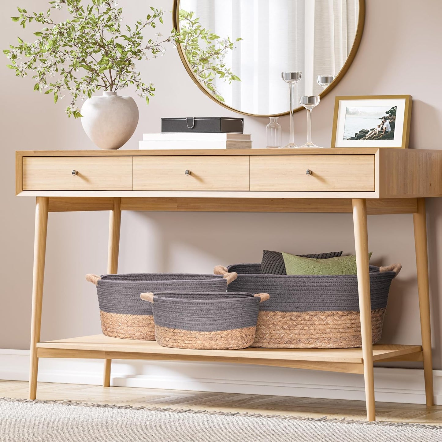 Natural Handwoven Portable Laundry Bin Basket / Gray / 3 Piece Set