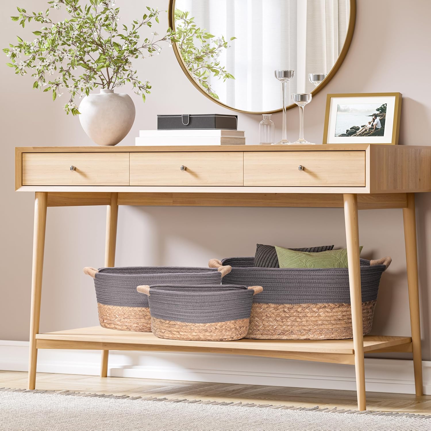 Natural Handwoven Portable Laundry Bin Basket / Gray / 3 Piece Set