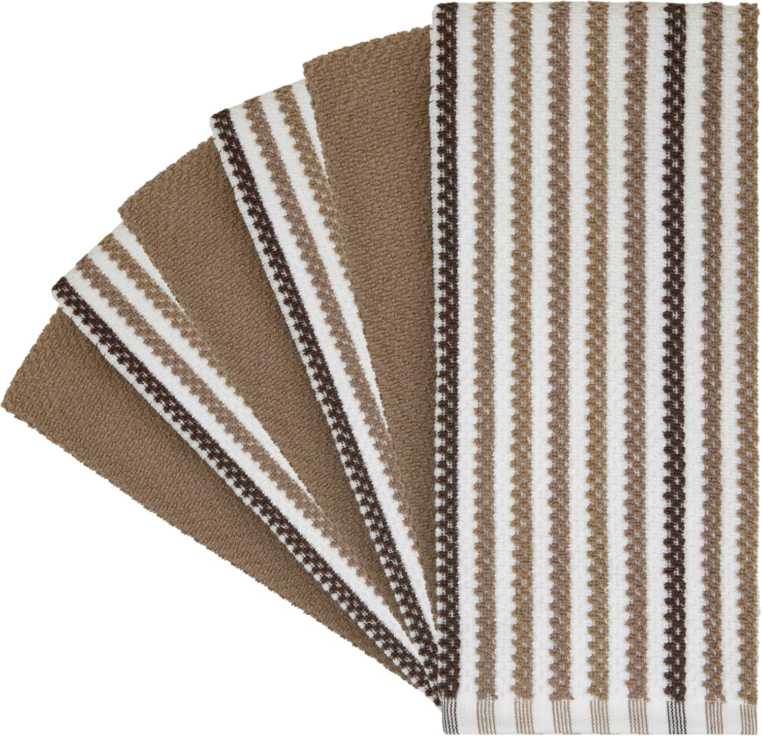 Bumble Kitchen Towels 6 Pack 100% Cotton 16"x26" - Tan Wide Stripe | 430 GSM Soft Kitchen Hand Towels with Hanging