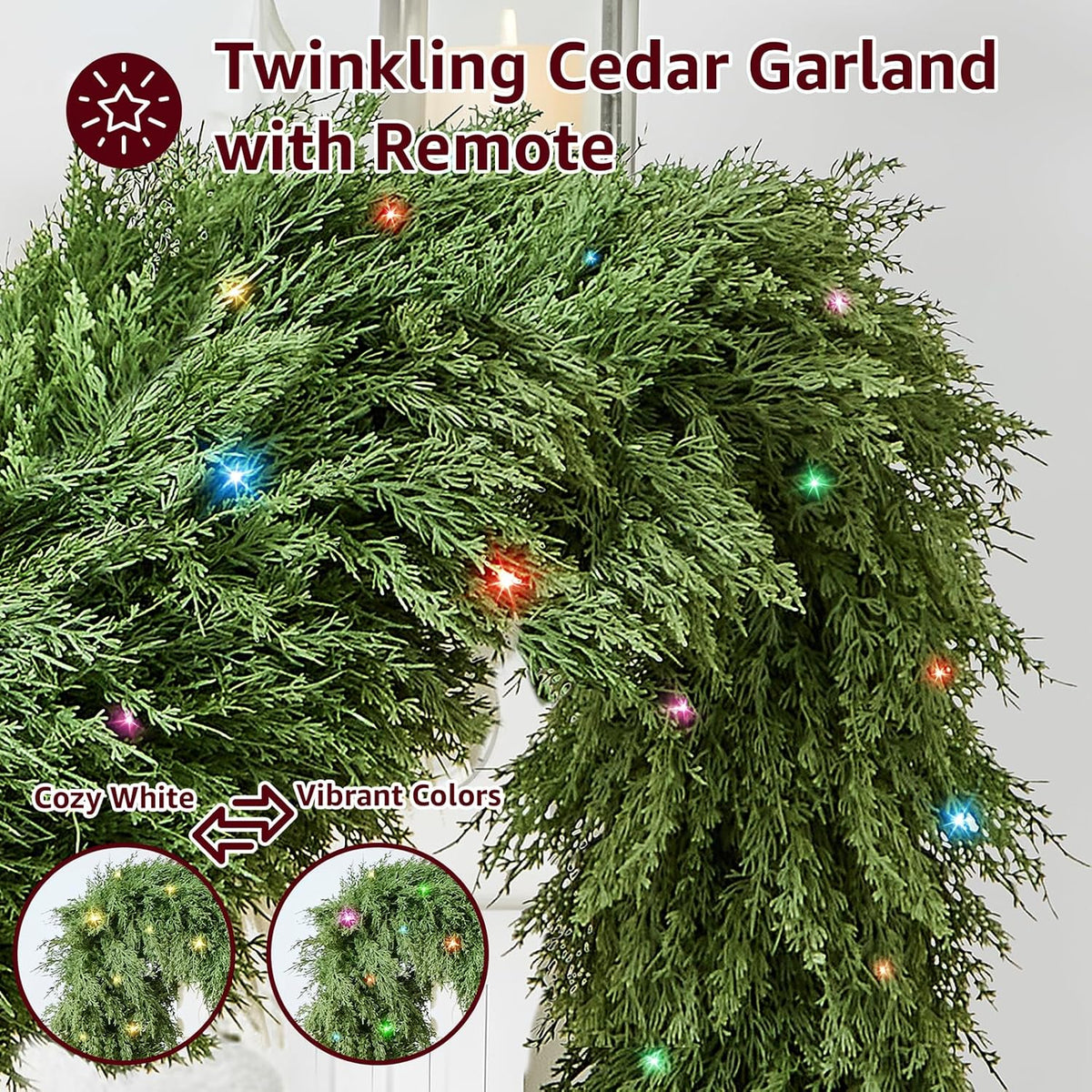 Cedar Christmas Garland for Mantle - 2 Pack Decorations with Lights 6 ft Realistic Lighted Faux Pine Garlands for Xmas