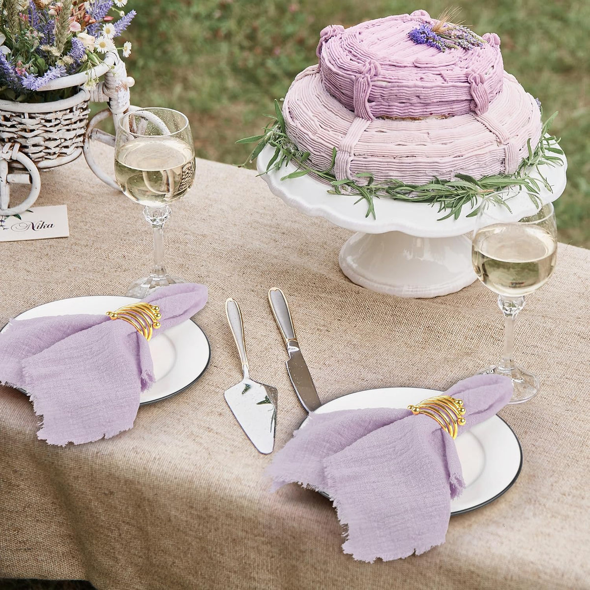 TURSTIN 24 Pieces Lavender Purple Cotton Linen Wedding Napkin Square Rustic Fringe Table Napkin for Dinners, Parties