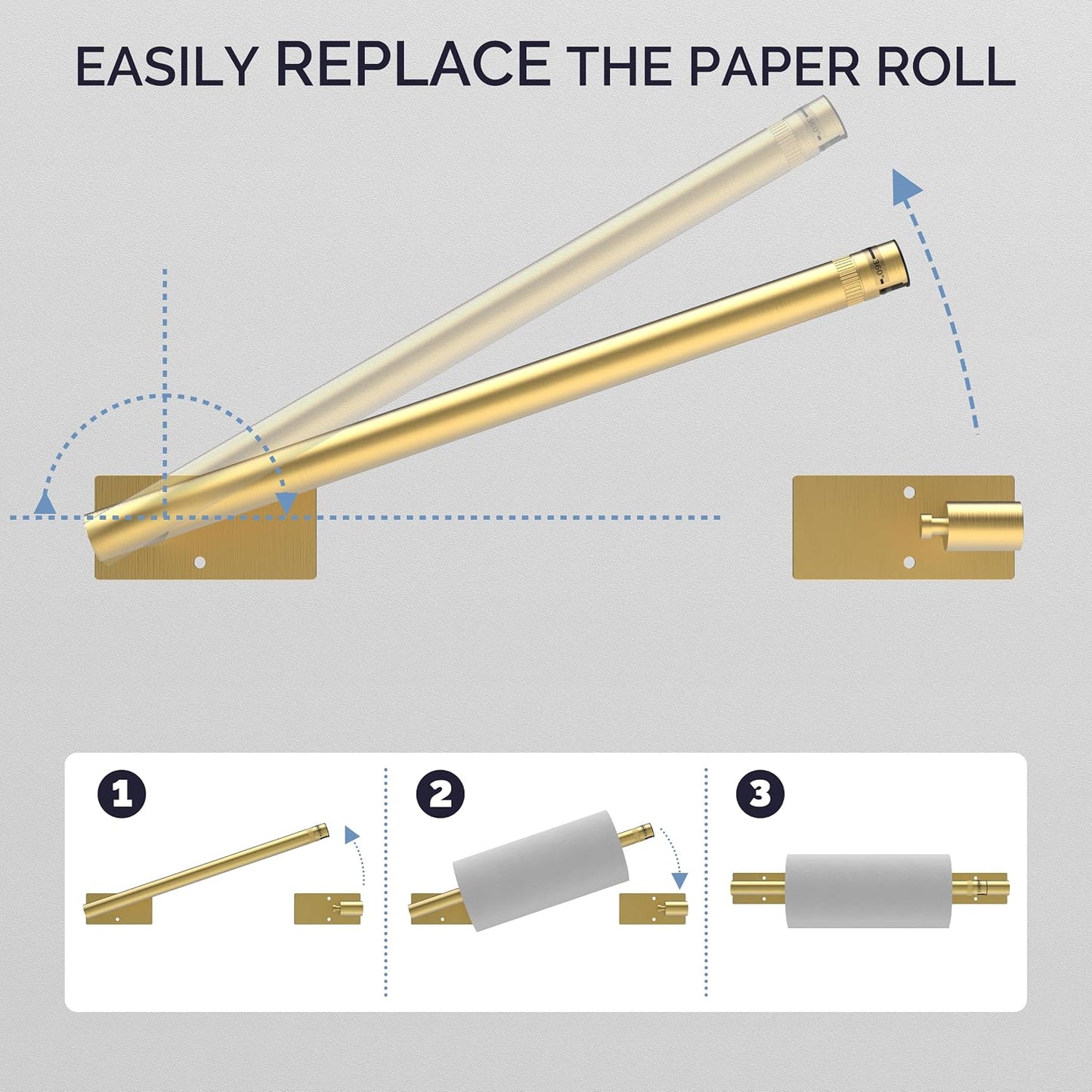 Gold Paper Towel Holder Under Cabinet Self Adhesive or Wall Mount | 304 Stainless Steel Post Pivoting Design No