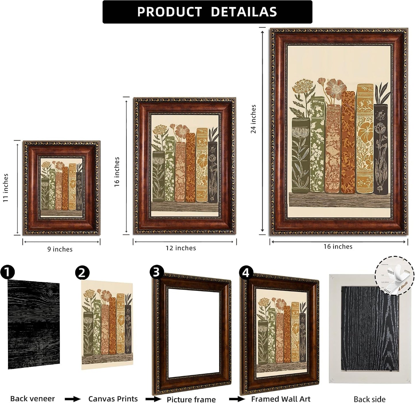 Framed Vintage Books Canvas Wall Art Botanical Book Stack / Book Stack Botanical Framed / 11"L x 9"W
